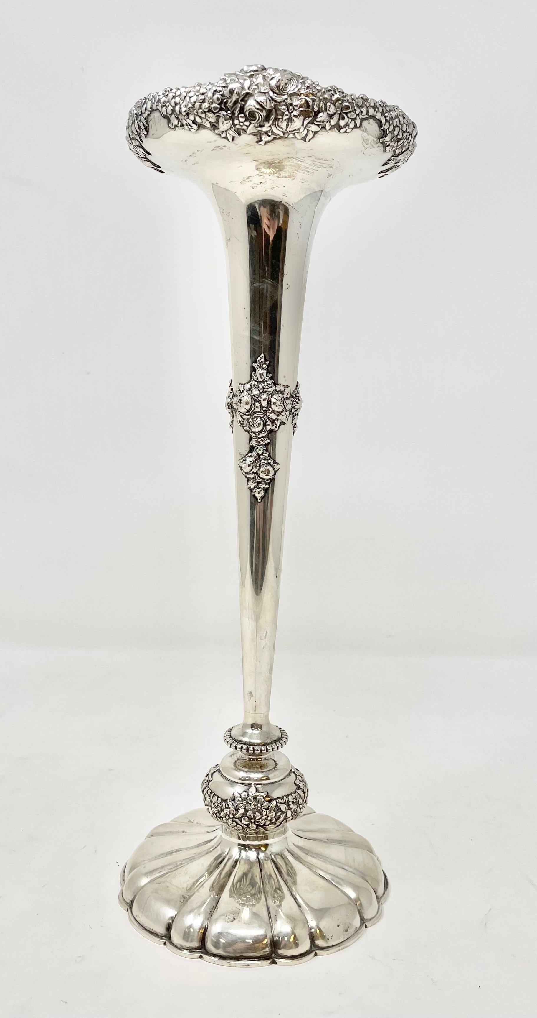Large antique American sterling silver trumpet bud vase hallmarked 