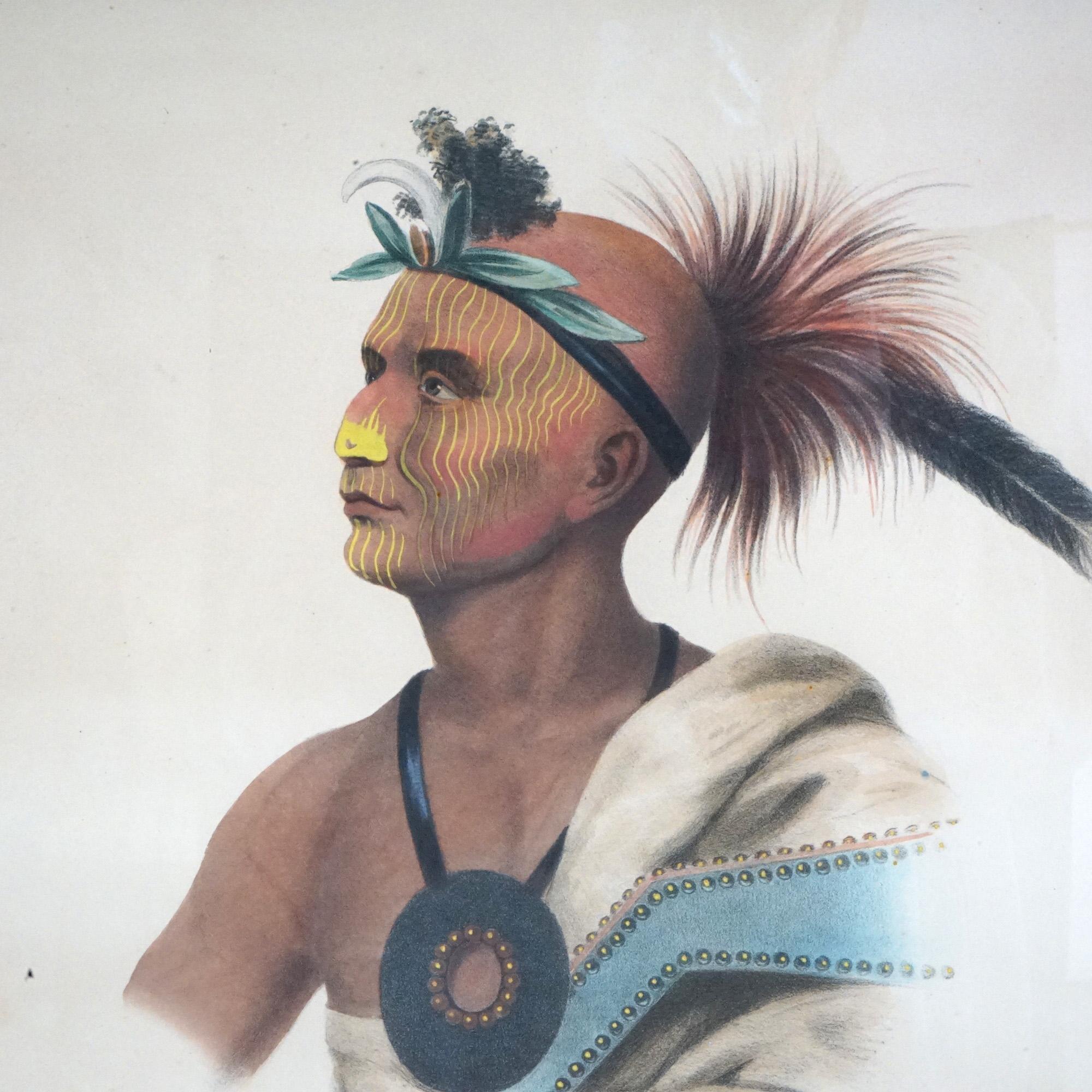 Antique American Indian Lithograph In Birdseye Maple Frame, Philadelphia Published By Key & Biddle, 19th century.

Measures- 25.5''H x 21''W x 1.25''D; 17.5'' x 22.5'' sight.