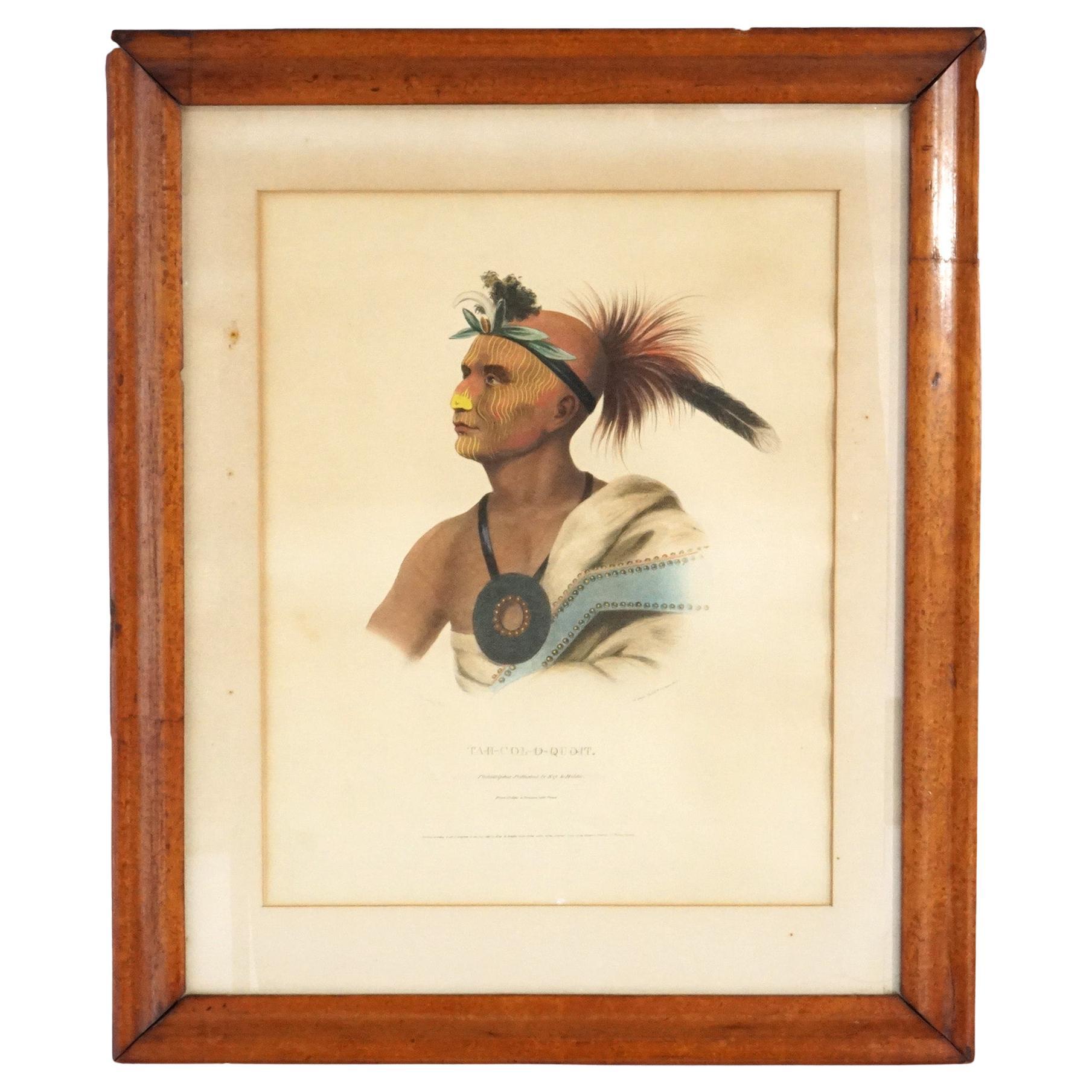 Antique American Indian Lithograph in Bird’sEye Maple Frame Philadelphia Publish