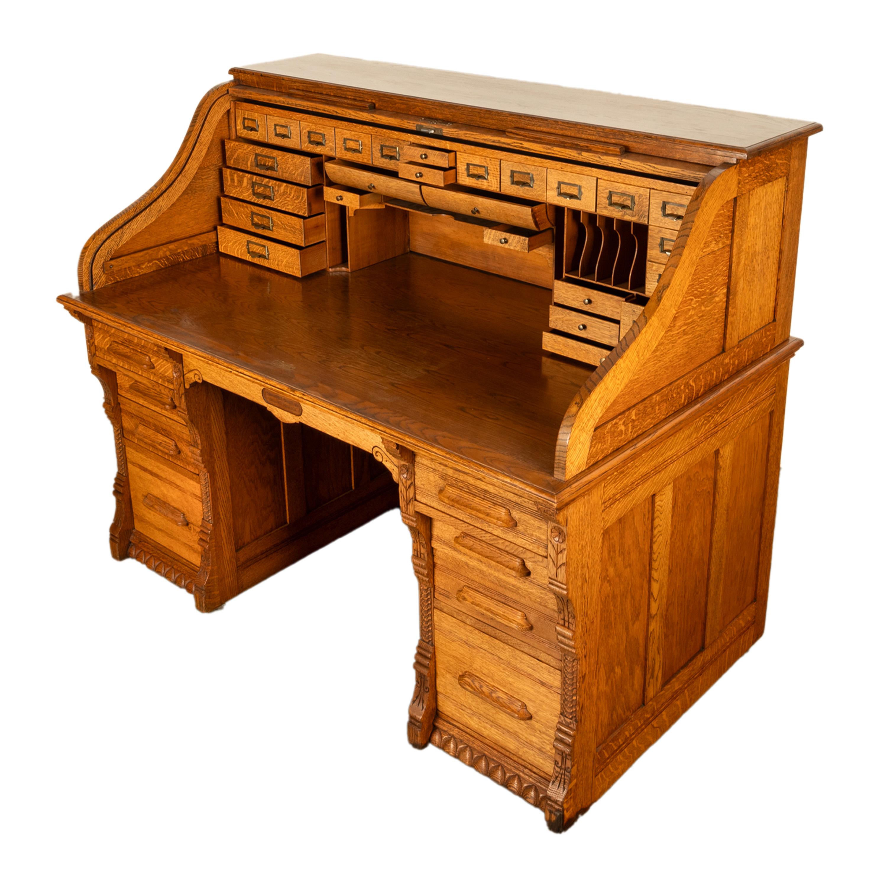 Antique American Indianapolis Cabinet Co. Oak S Curve Tambour Roll Top Desk 1890 4