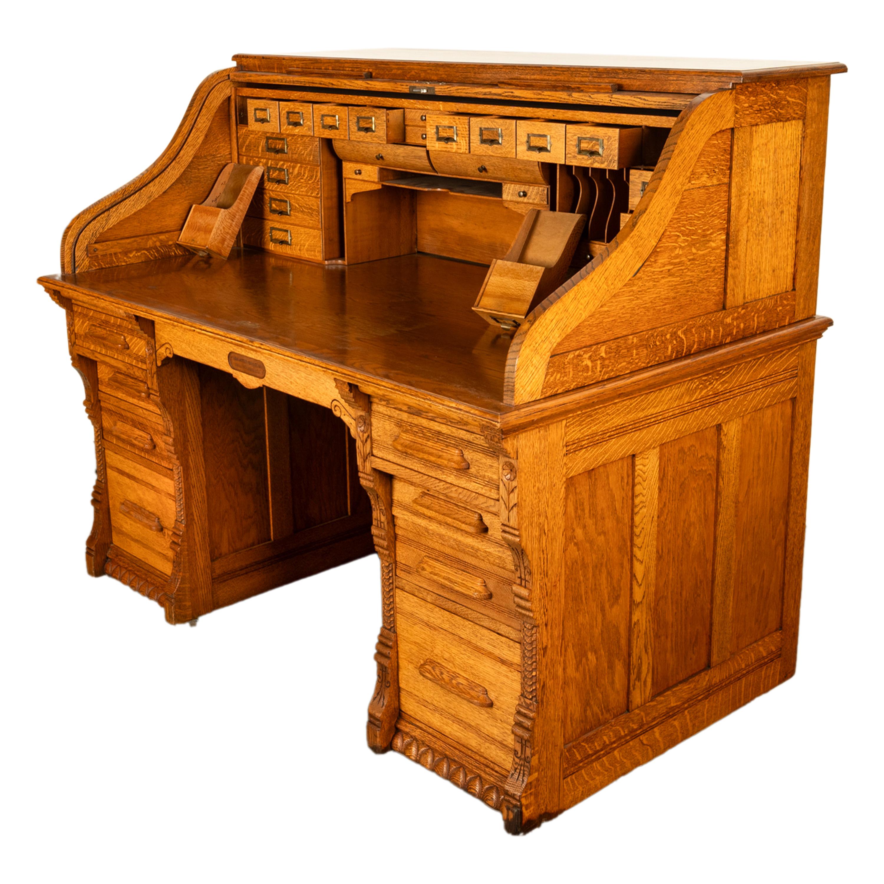 Antique American Indianapolis Cabinet Co. Oak S Curve Tambour Roll Top Desk 1890 5