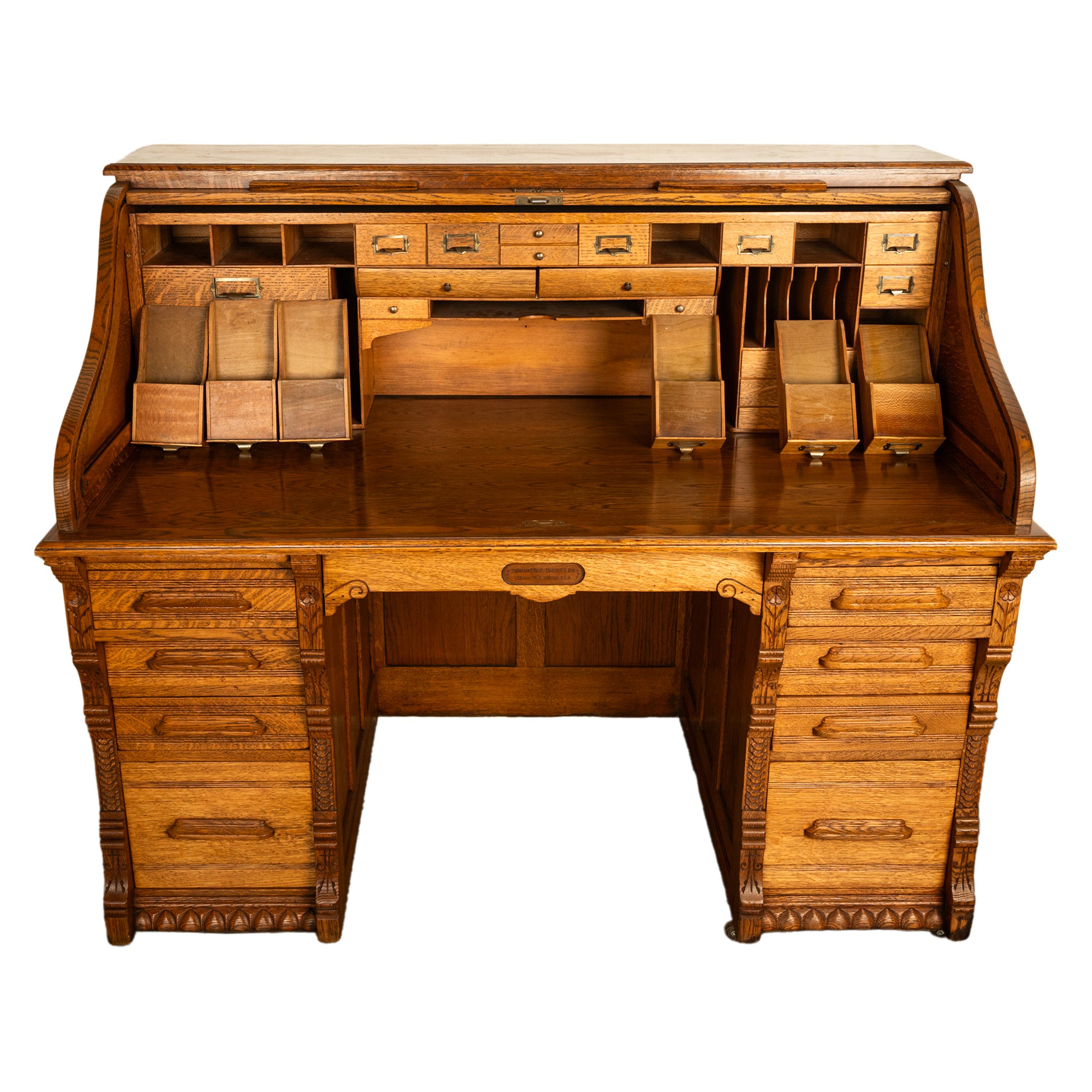 Antique American Indianapolis Cabinet Co. Oak S Curve Tambour Roll Top Desk 1890 6