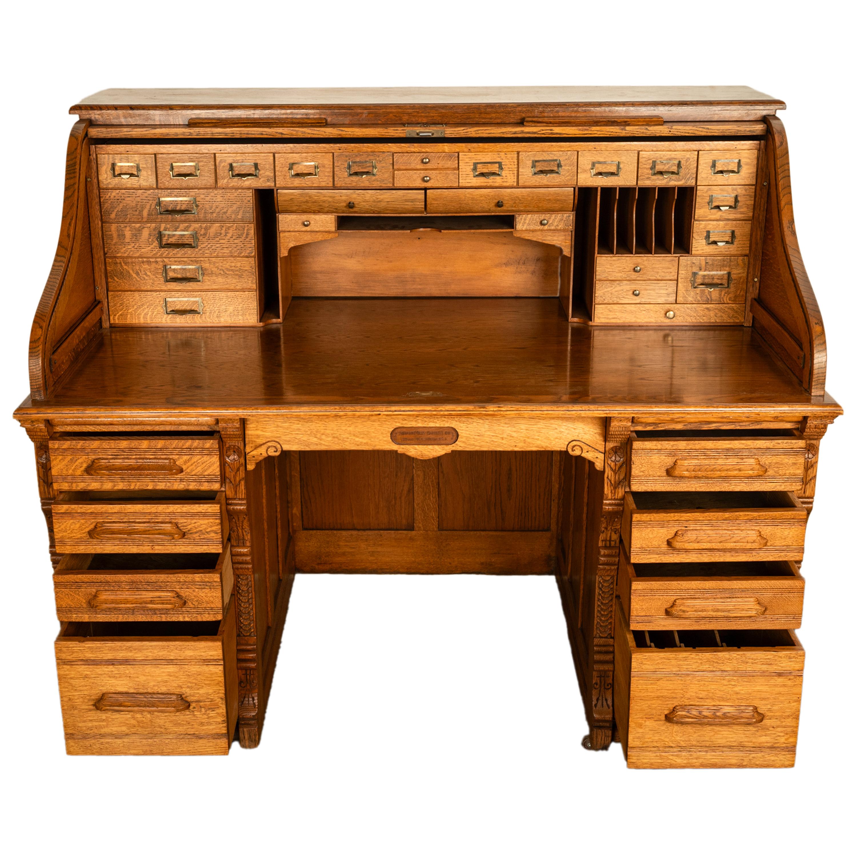 Antique American Indianapolis Cabinet Co. Oak S Curve Tambour Roll Top Desk 1890 7