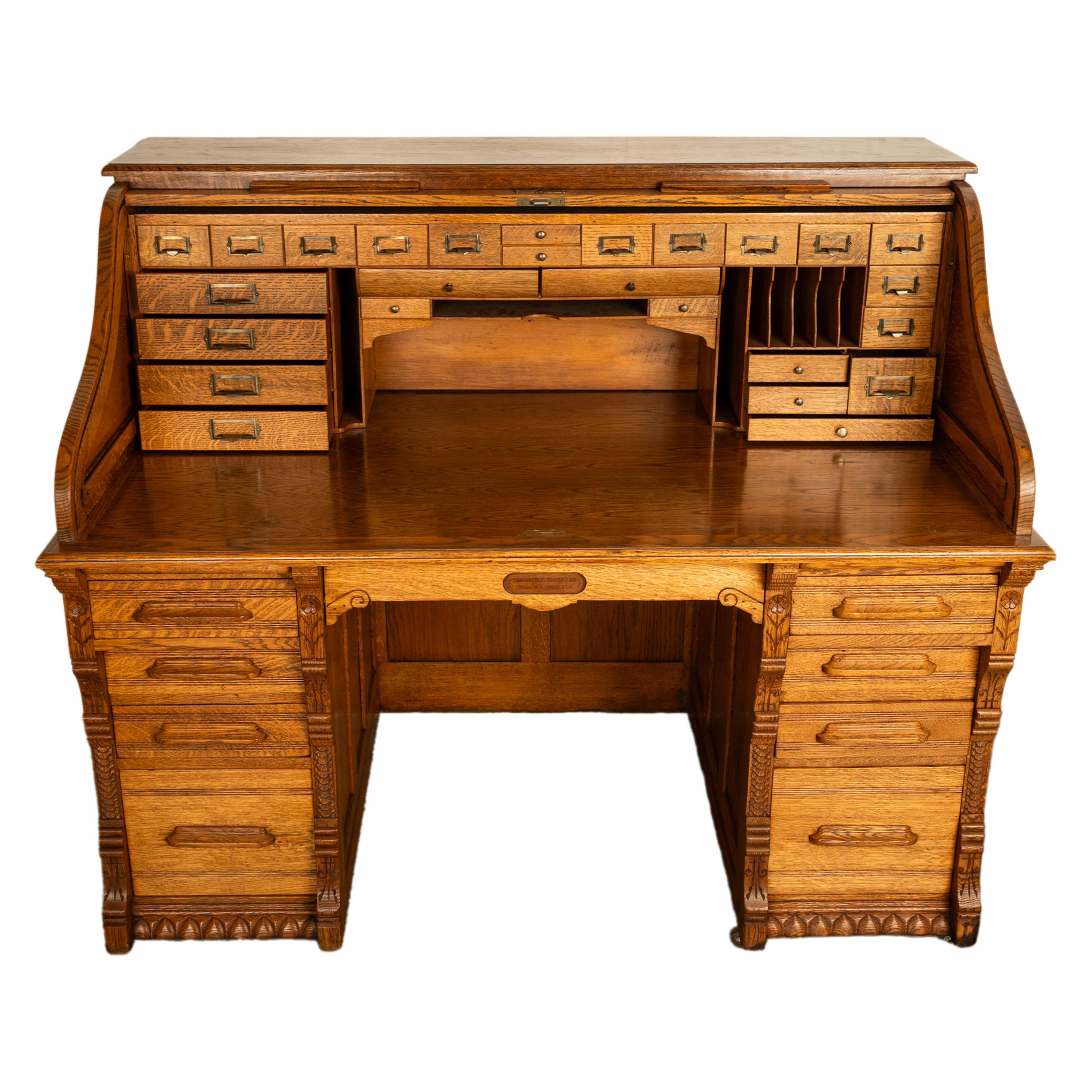 Antique American Indianapolis Cabinet Co. Oak S Curve Tambour Roll Top Desk 1890 8