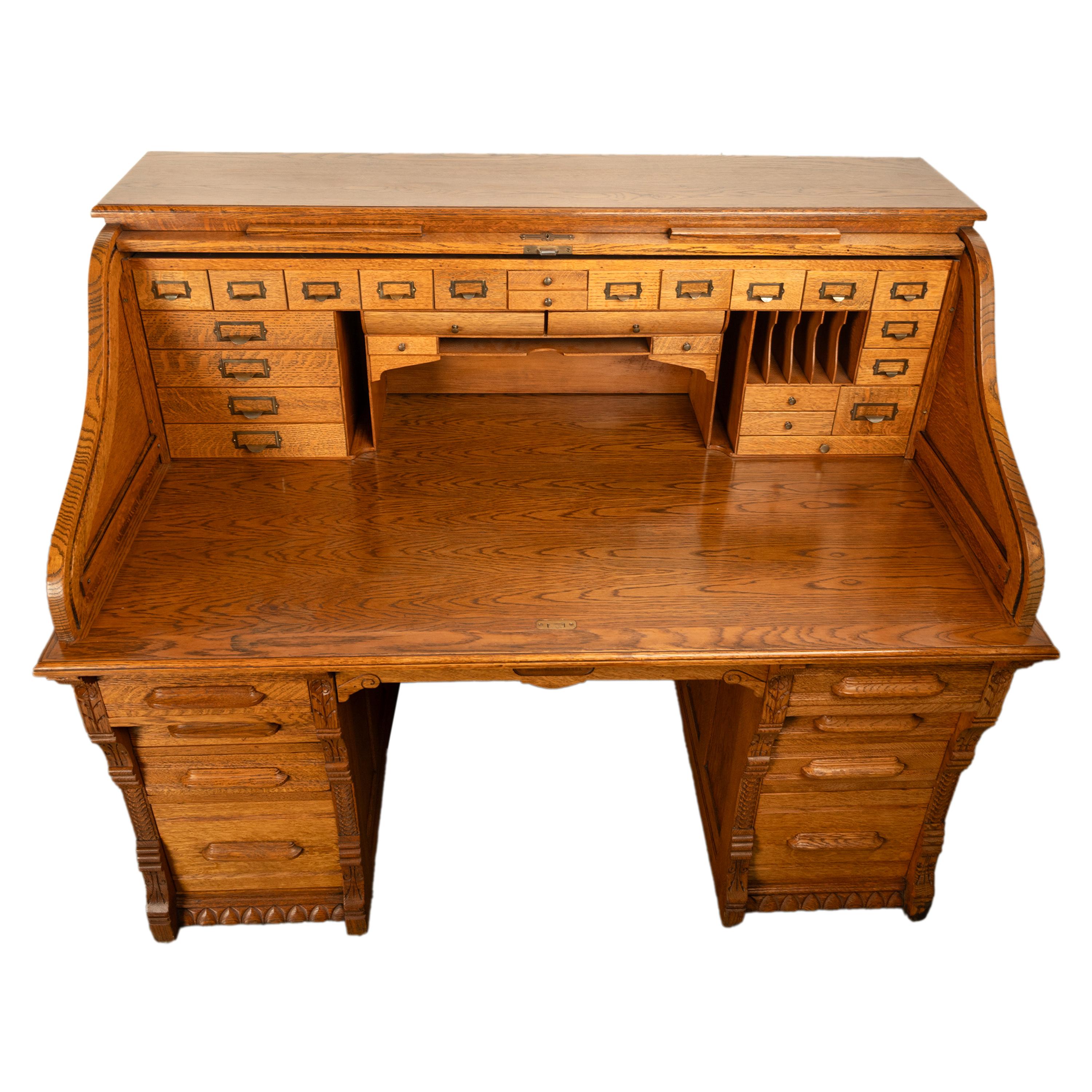 Antique American Indianapolis Cabinet Co. Oak S Curve Tambour Roll Top Desk 1890 9