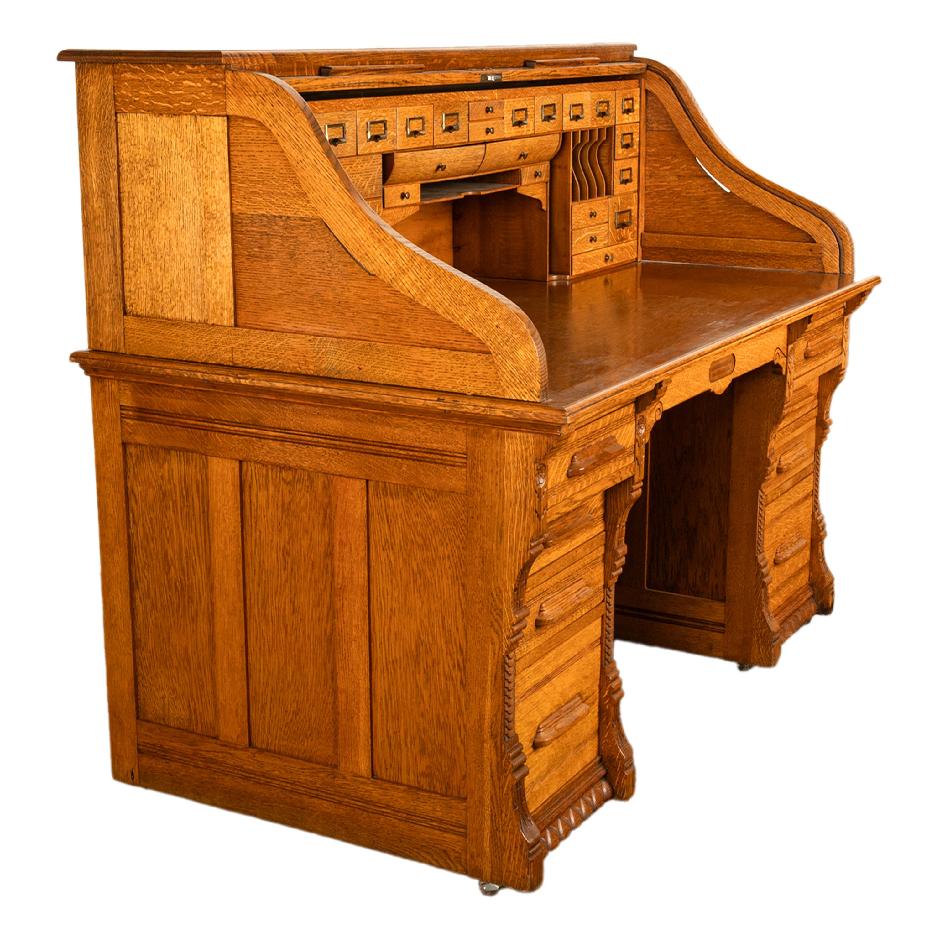 Antique American Indianapolis Cabinet Co. Oak S Curve Tambour Roll Top Desk 1890 10