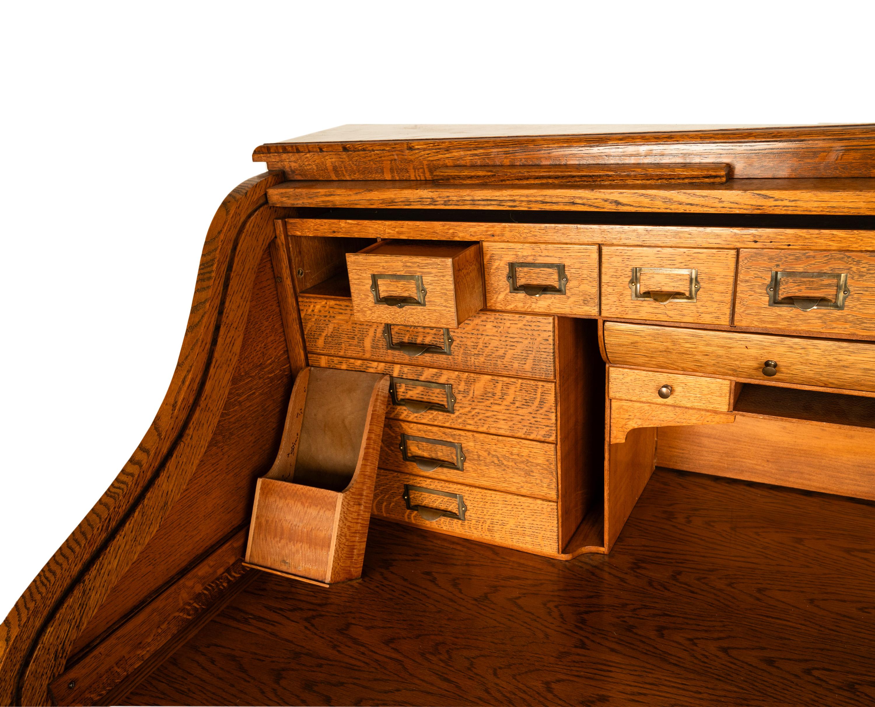 Antique American Indianapolis Cabinet Co. Oak S Curve Tambour Roll Top Desk 1890 12