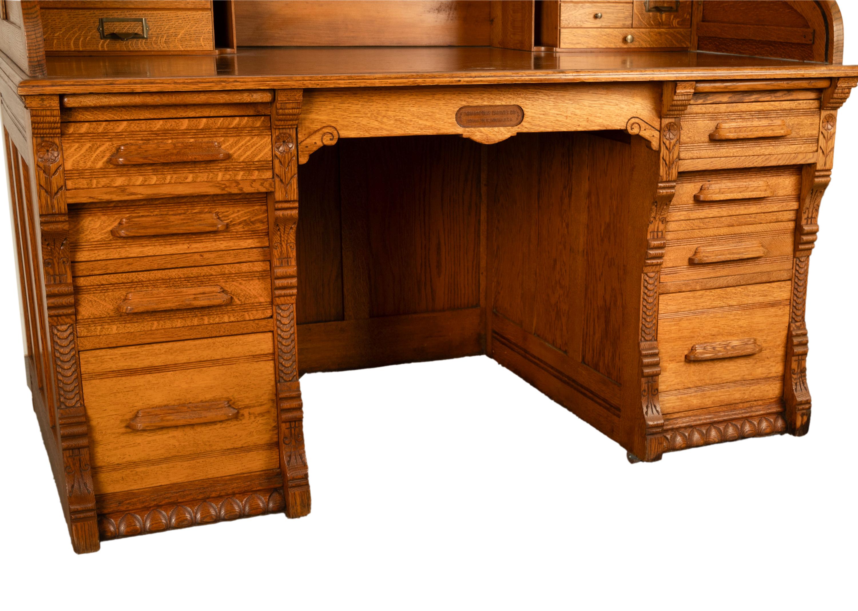 Antique American Indianapolis Cabinet Co. Oak S Curve Tambour Roll Top Desk 1890 13