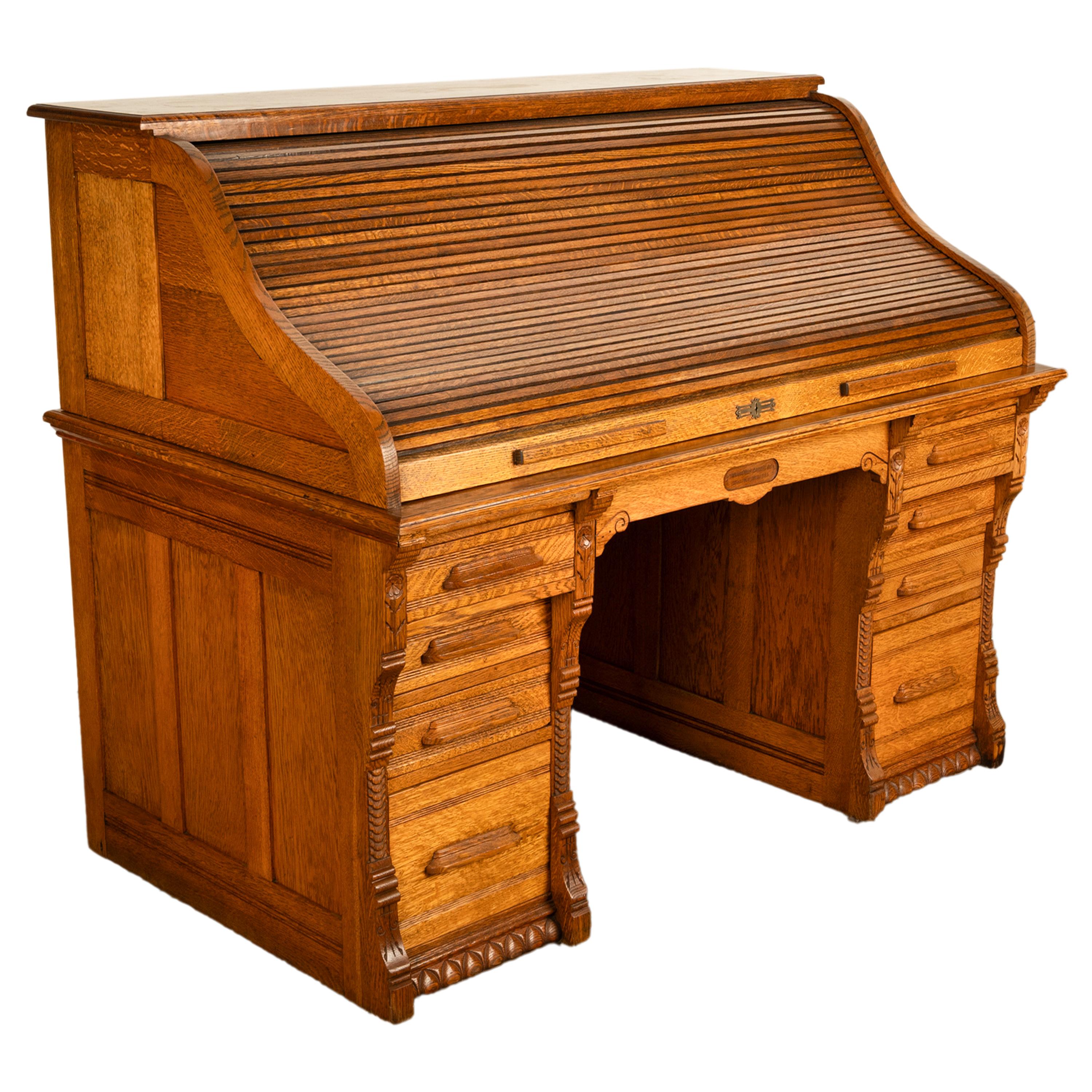 Carved Antique American Indianapolis Cabinet Co. Oak S Curve Tambour Roll Top Desk 1890