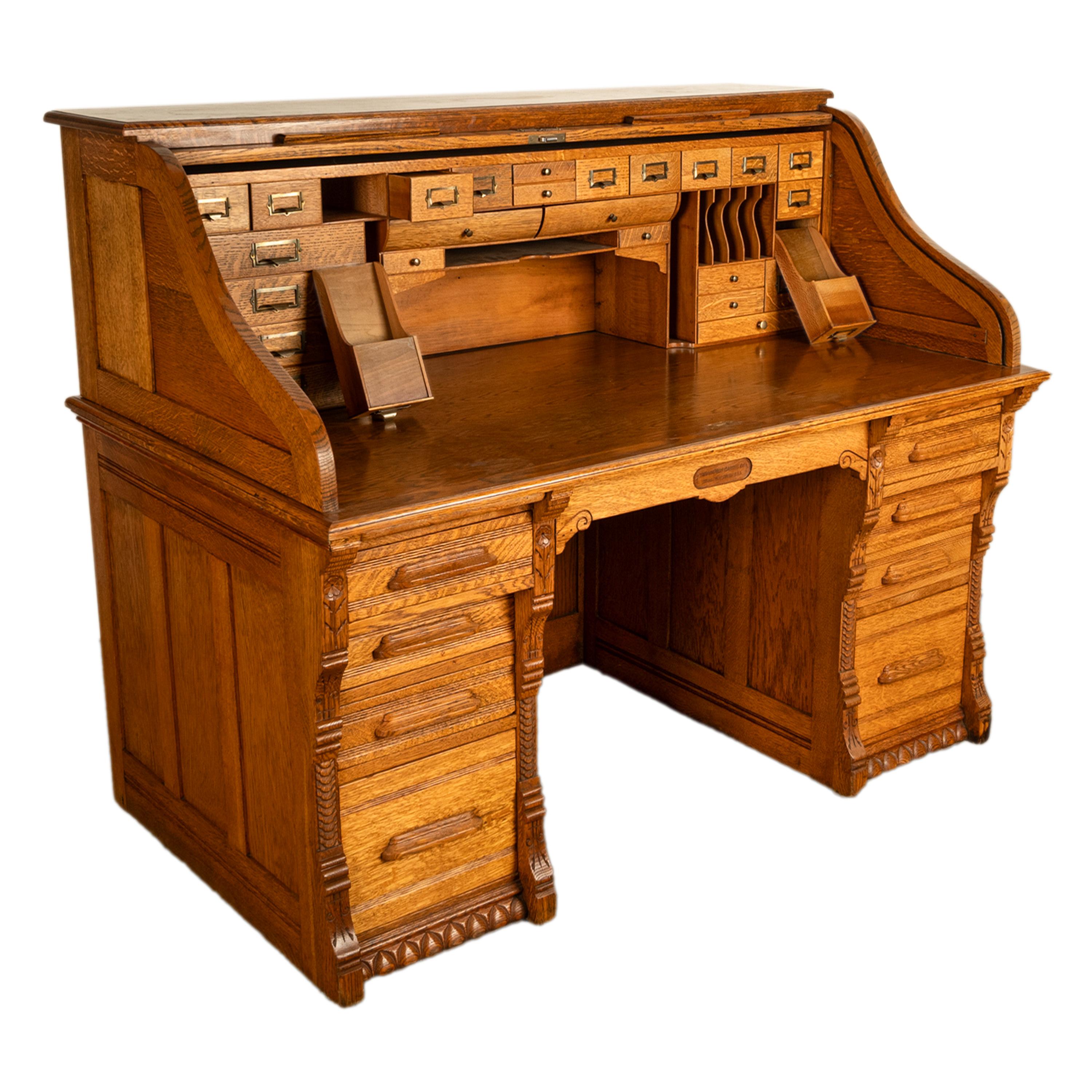 Late 19th Century Antique American Indianapolis Cabinet Co. Oak S Curve Tambour Roll Top Desk 1890