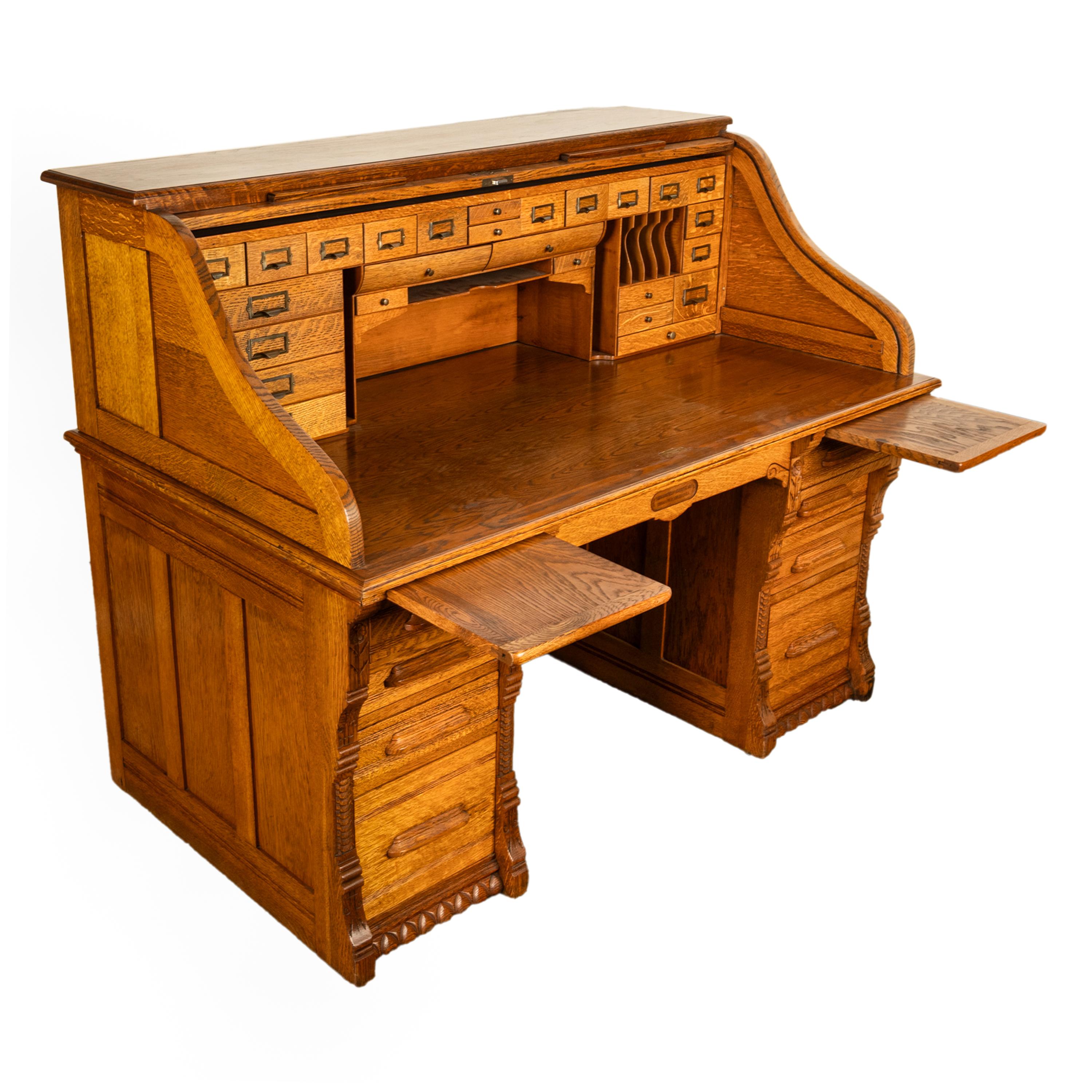 Antique American Indianapolis Cabinet Co. Oak S Curve Tambour Roll Top Desk 1890 1