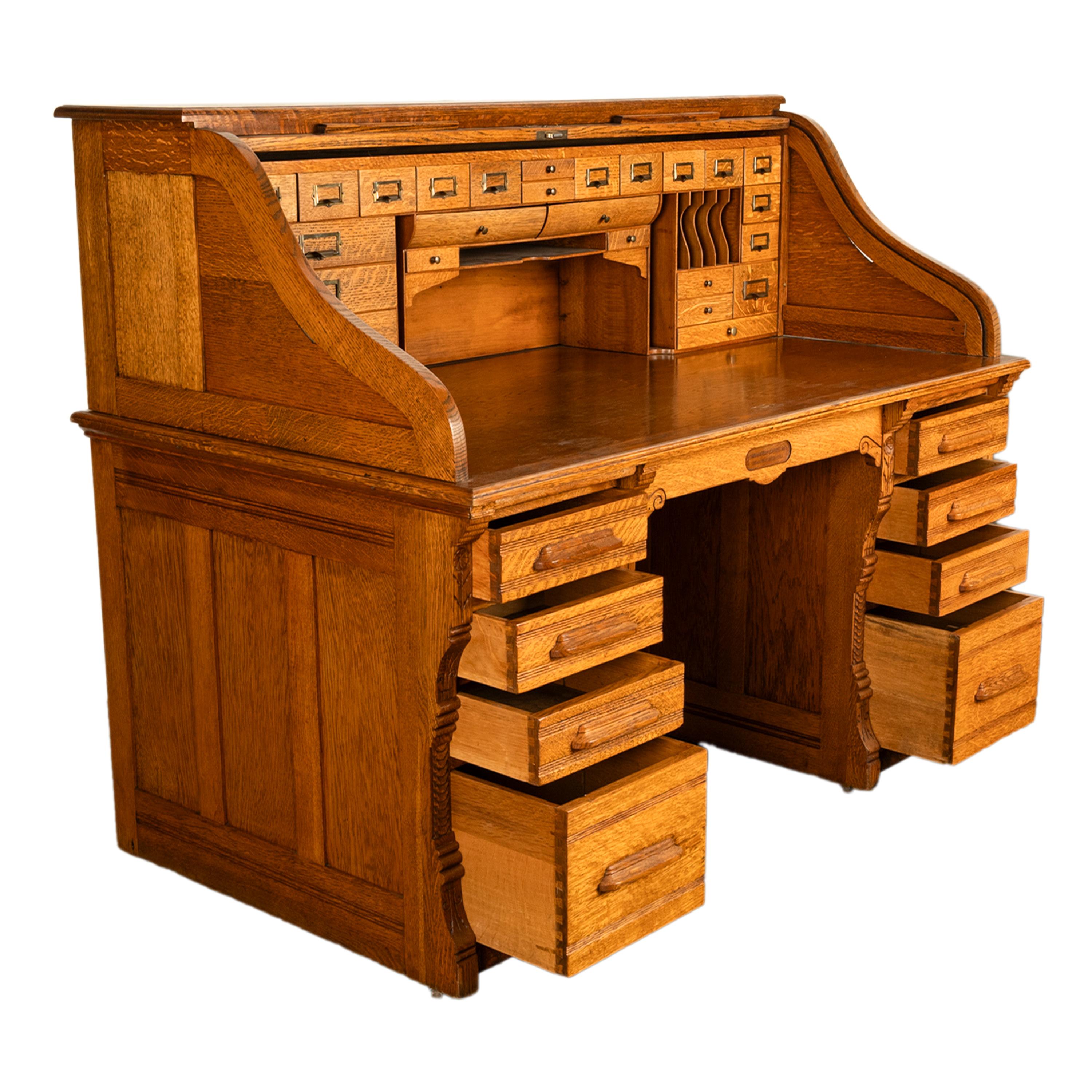 Antique American Indianapolis Cabinet Co. Oak S Curve Tambour Roll Top Desk 1890 2