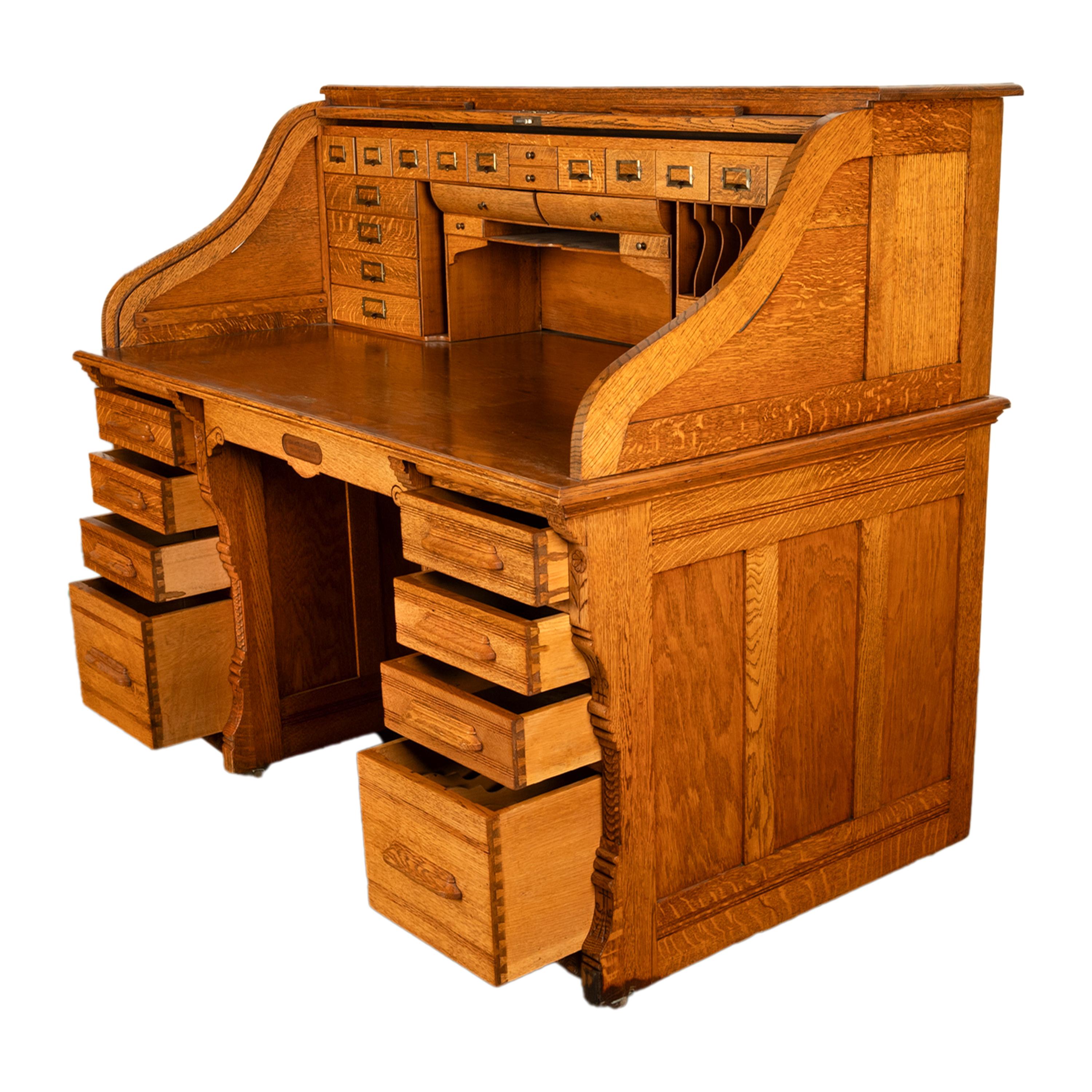 Antique American Indianapolis Cabinet Co. Oak S Curve Tambour Roll Top Desk 1890 3