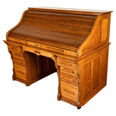Antique American Indianapolis Cabinet Co. Oak S Curve Tambour Roll Top Desk 1890