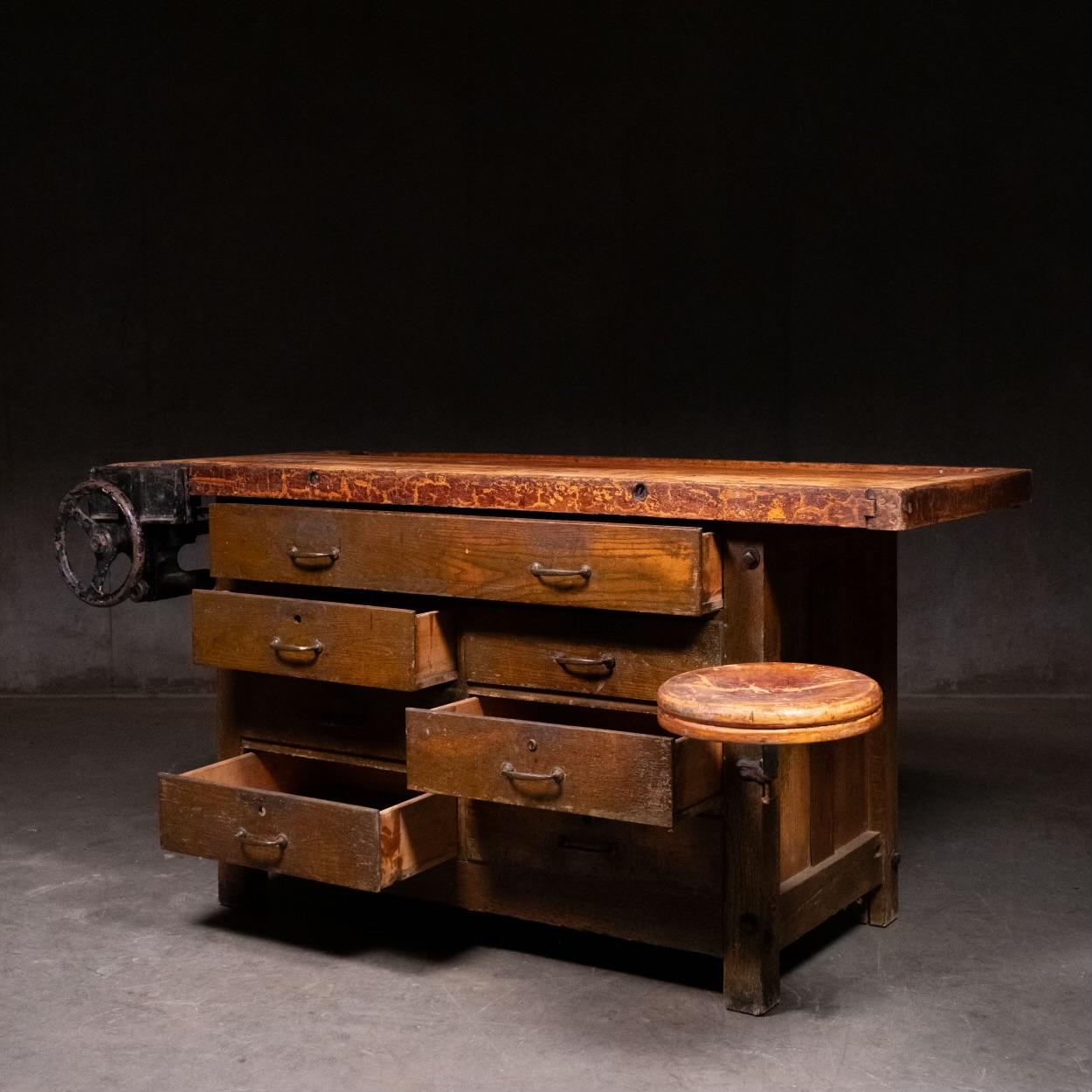 19th Century Antique American Industrial carpenter multi drawer  Work Bench Table 