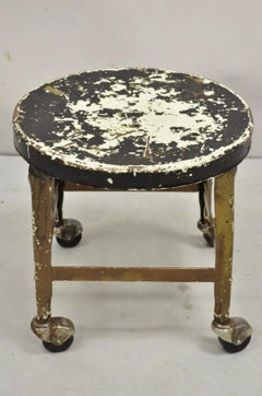 Antique American Industrial Distressed Painted Steel Metal Rolling Low Stool