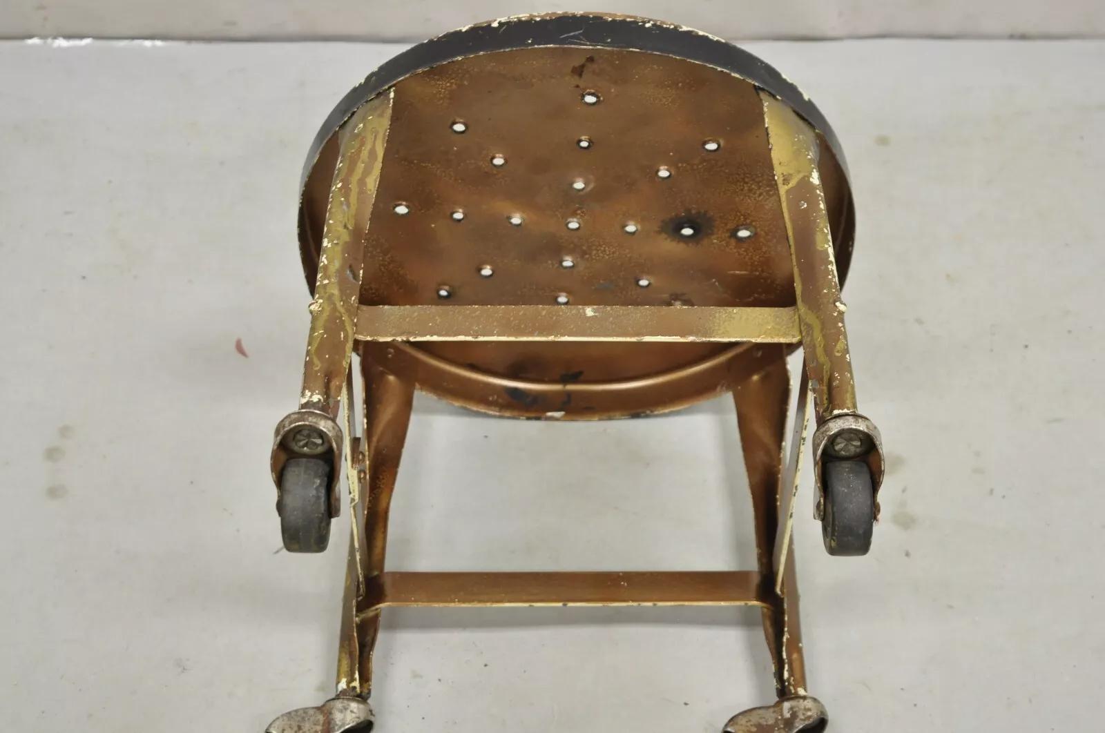 Antique American Industrial Distressed Painted Steel Metal Rolling Low Stool 1