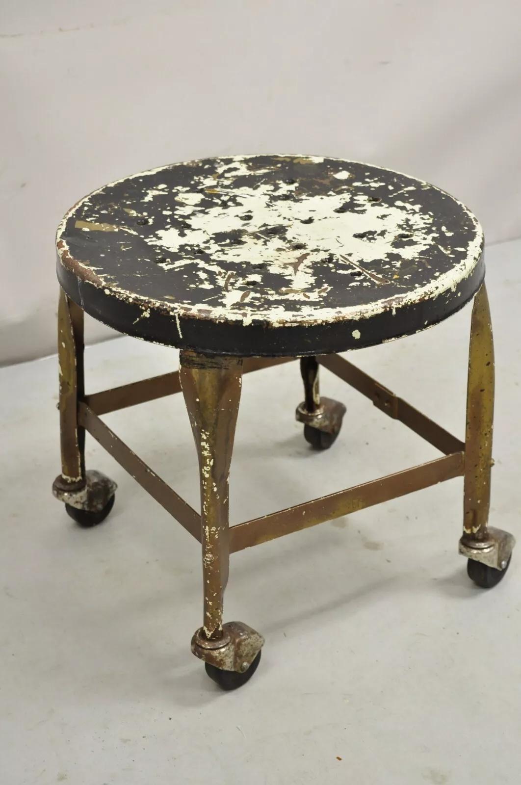 Antique American Industrial Distressed Painted Steel Metal Rolling Low Stool 3