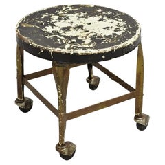 Vintage American Industrial Distressed Painted Steel Metal Rolling Low Stool