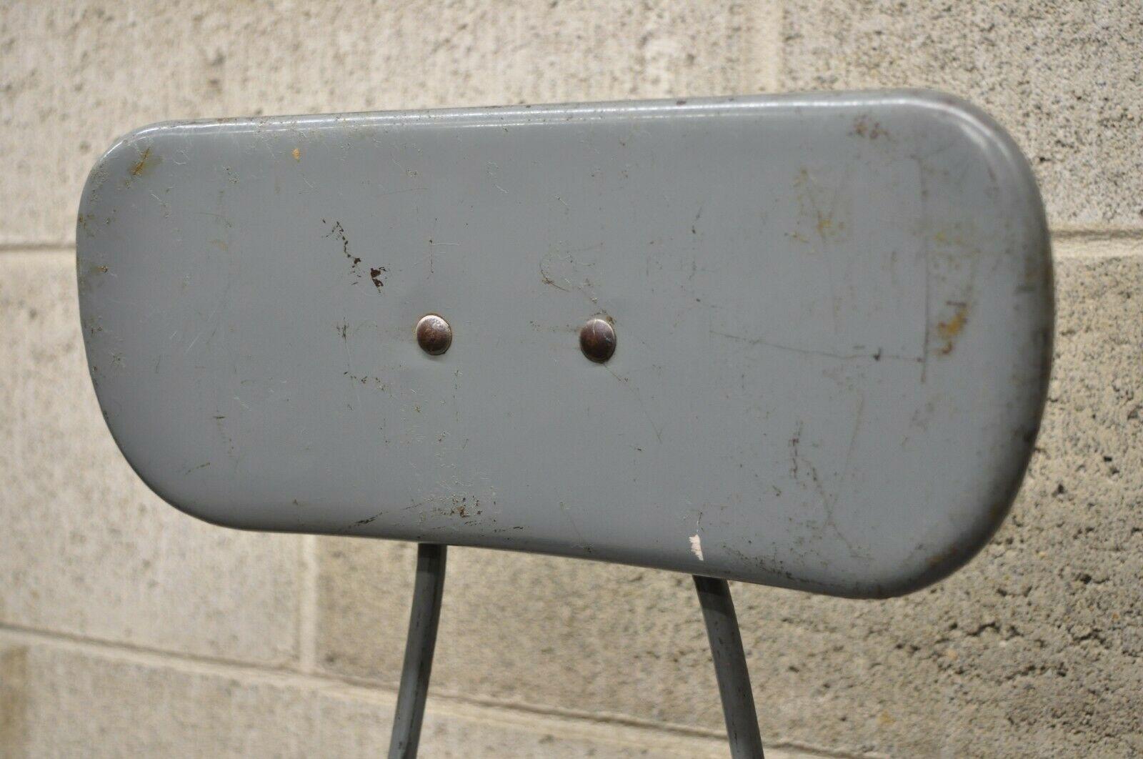 20th Century Antique American Industrial Gray Metal Drafting Stool Artist Work Chair For Sale