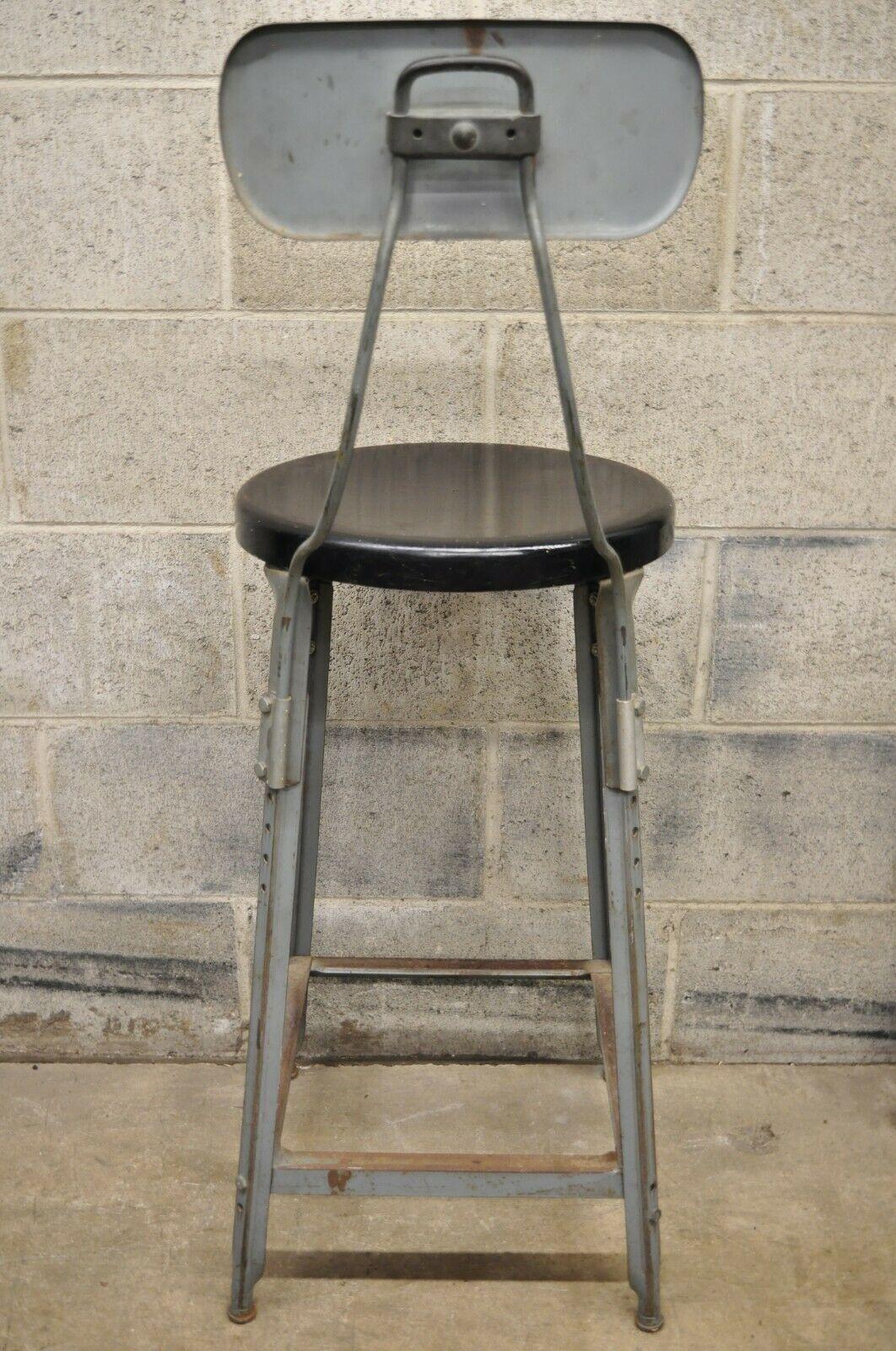 Antique American Industrial Gray Metal Drafting Stool Artist Work Chair For Sale 2