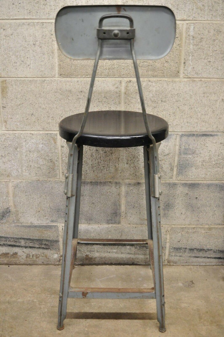 Antique American Industrial Gray Metal Drafting Stool Artist Work Chair
