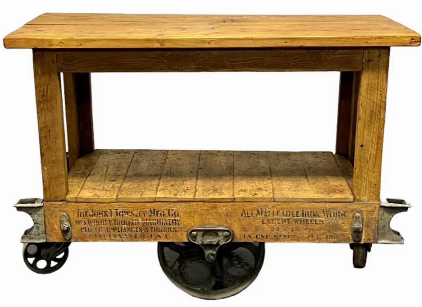 Iron Antique American Industrial John Towsley Warehouse Work Cart Island