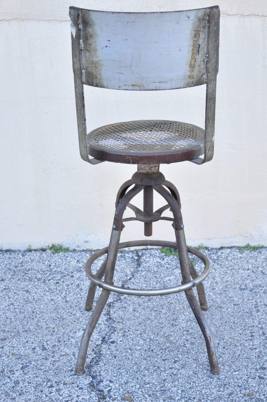 Antique American Industrial Metal Drafting Work Stool with Oak and Cane Seat For Sale 5