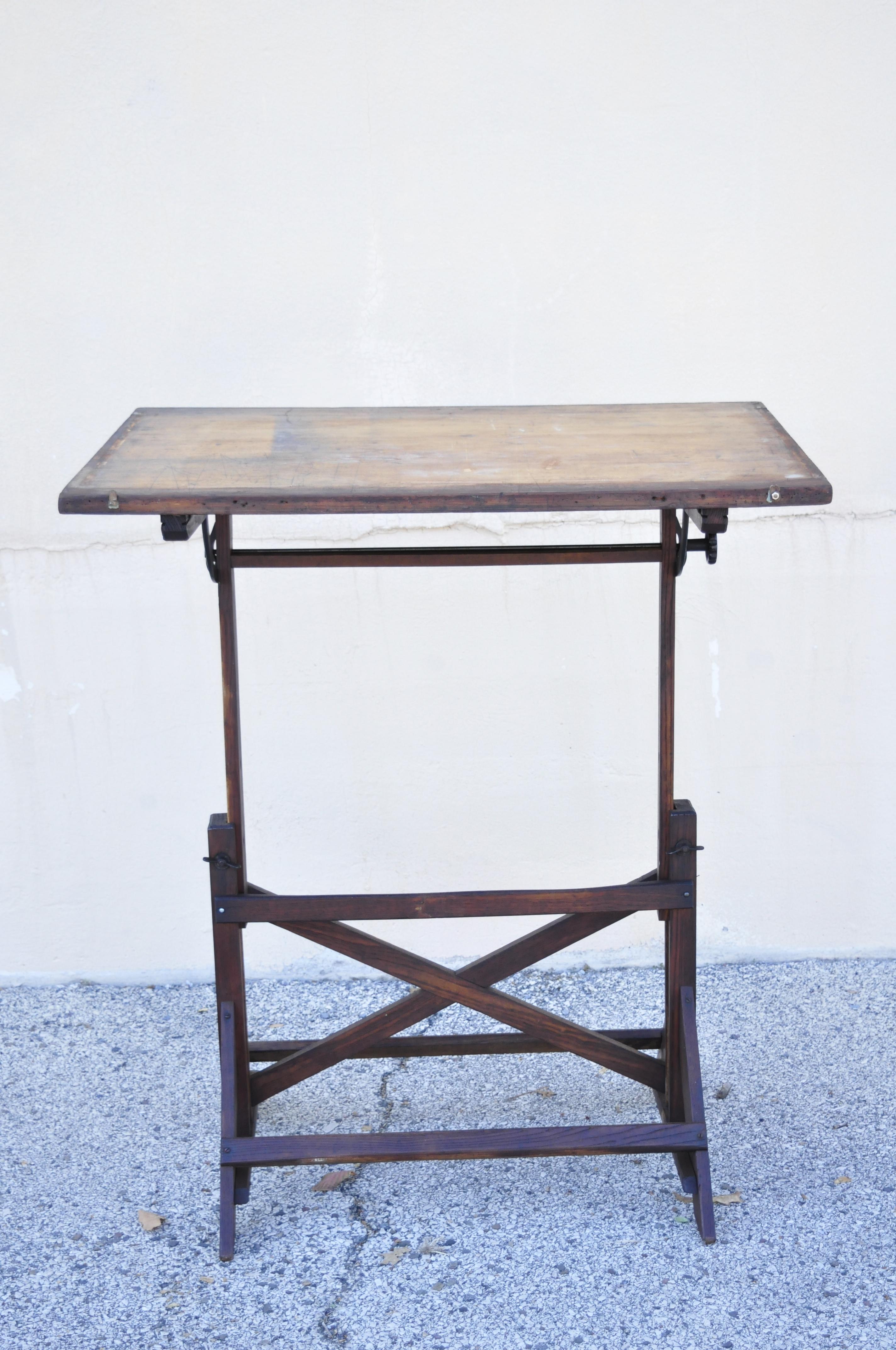 Antique American Industrial Oakwood and Cast Iron Drafting Table Work Desk 2