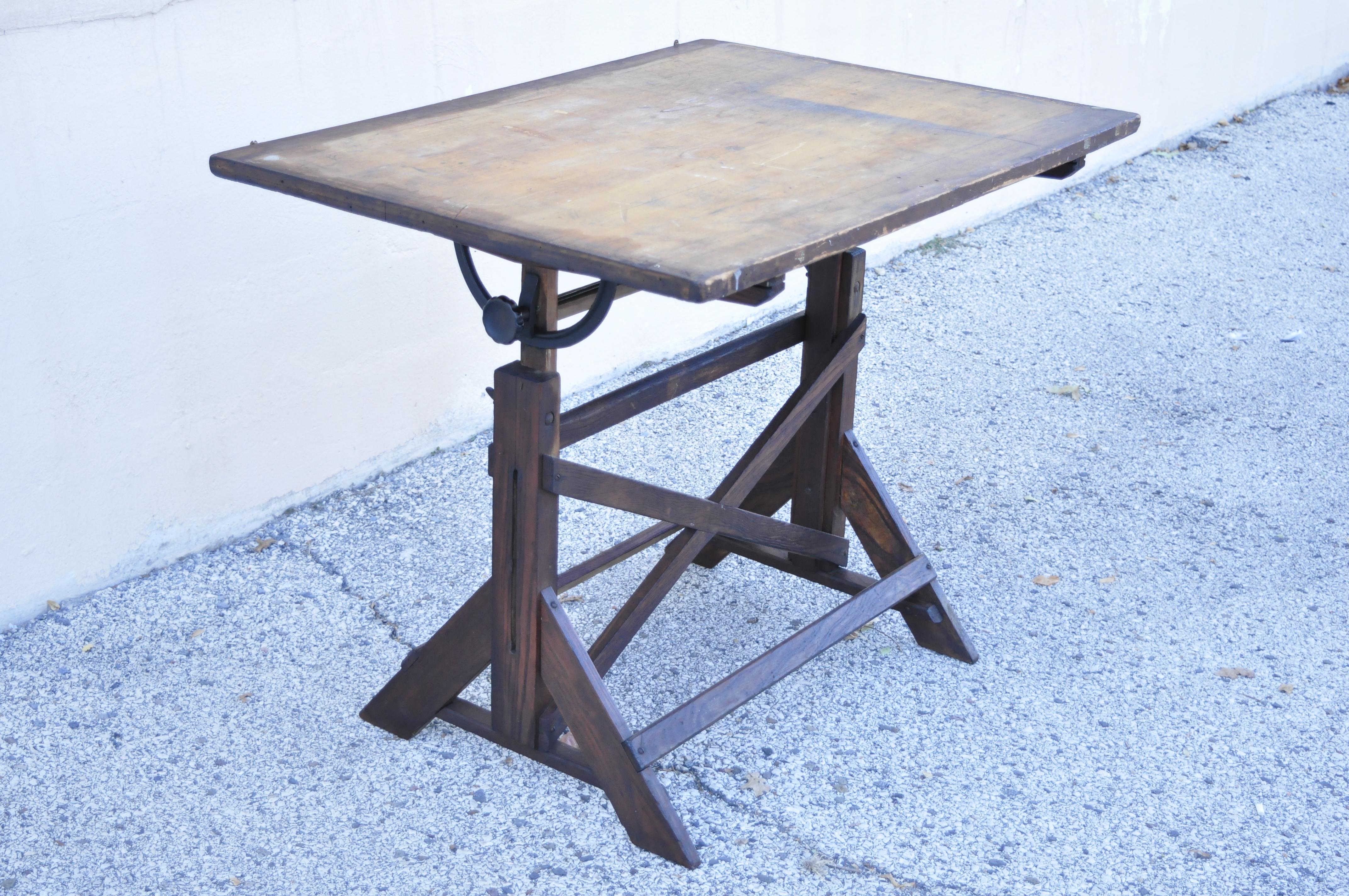 Antique American Industrial Oakwood and Cast Iron Drafting Table Work Desk 3