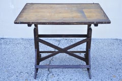 Antique American Industrial Oak Wood and Cast Iron Drafting Table Work Desk