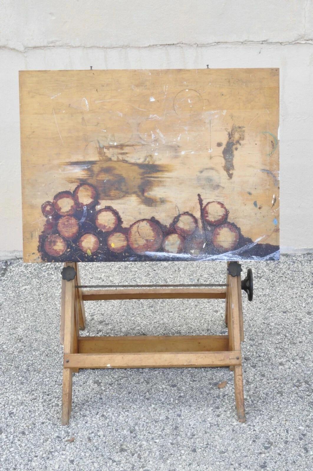 Antique American Industrial Small Wood & Cast Iron Drafting Table Work Desk Desconocido en venta