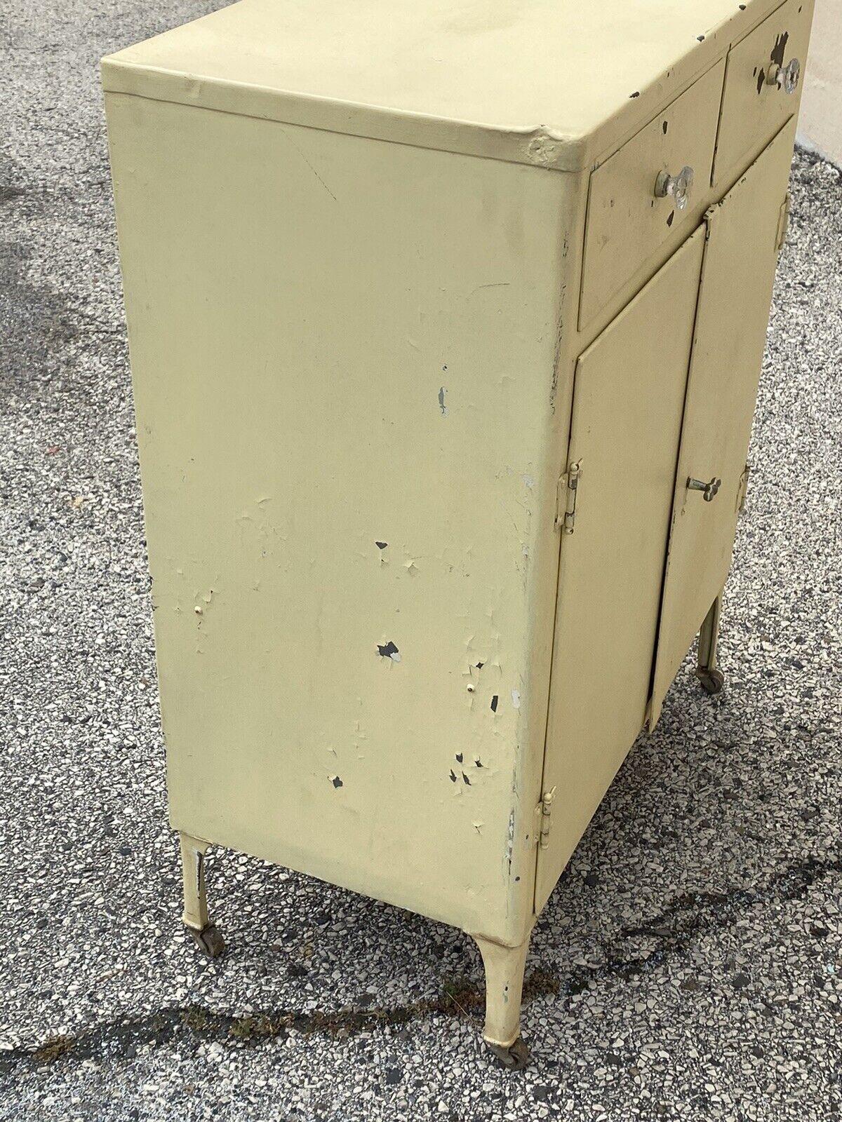 Antique American Industrial Steel Metal Yellow Painted Storage Cabinet Dresser 2