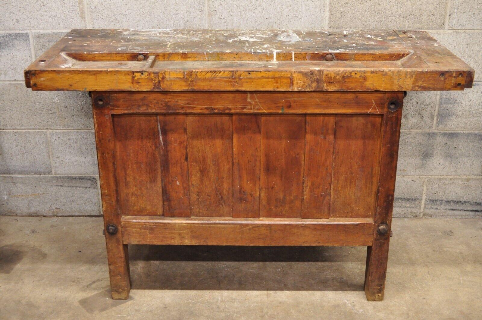 Antique American Industrial Wood Plank Distress Paint Splatter Work Bench Table For Sale 3