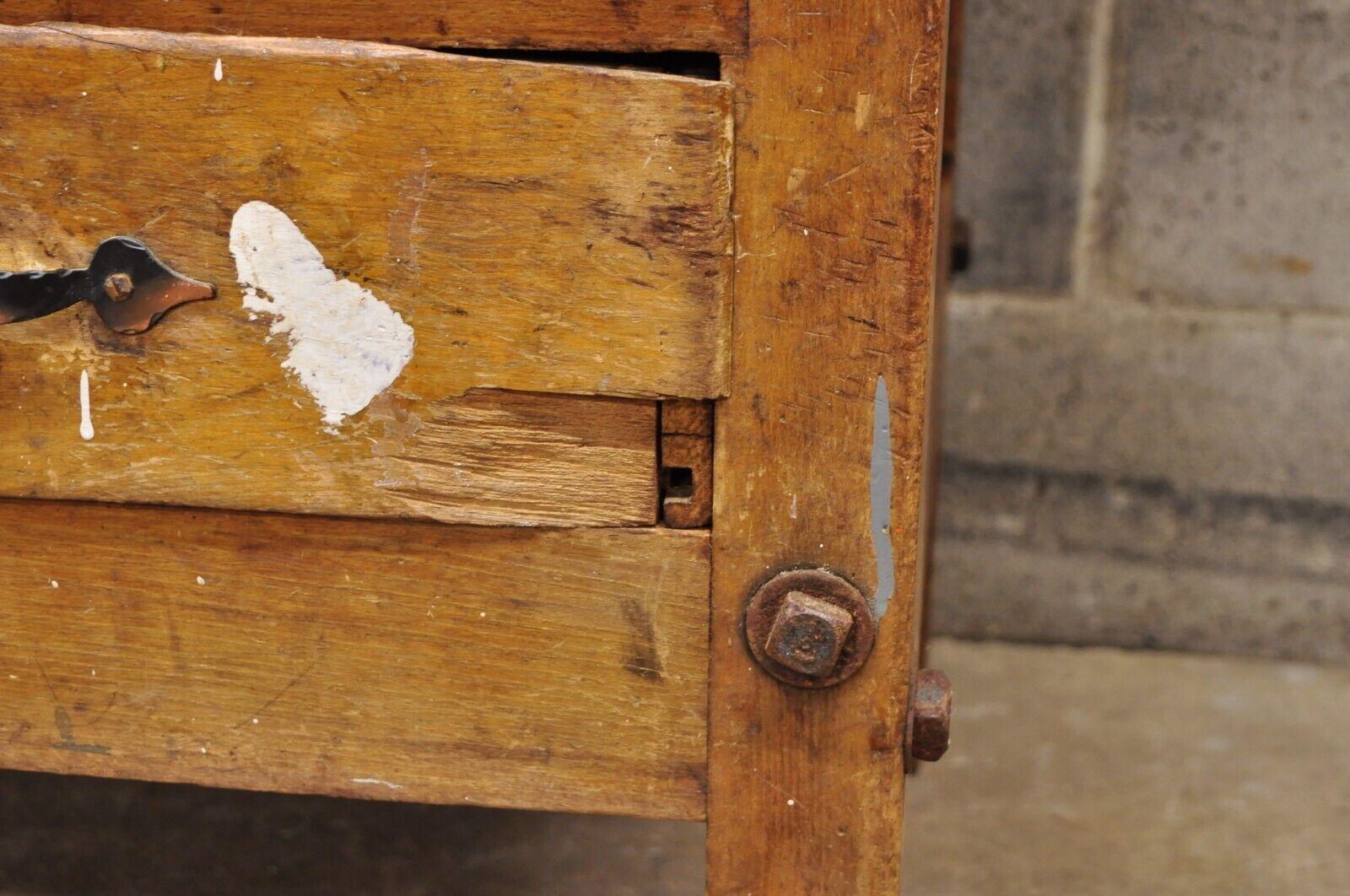 Antique American Industrial Wood Plank Distress Paint Splatter Work Bench Table For Sale 4