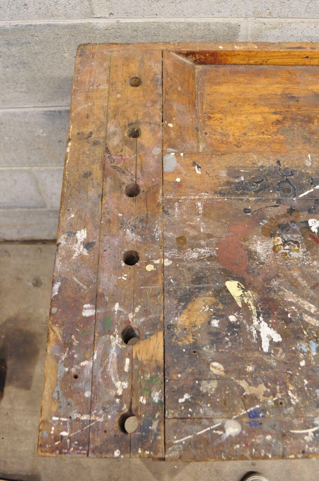 Antique American Industrial Wood Plank Distress Paint Splatter Work Bench Table In Good Condition For Sale In Philadelphia, PA