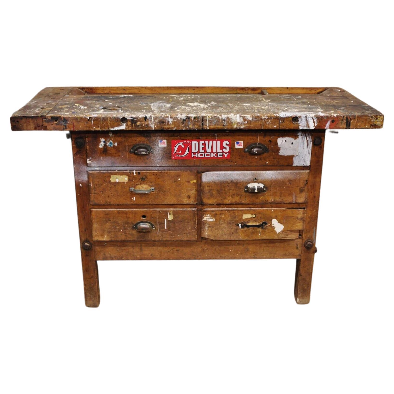 Antique American Industrial Wood Plank Distress Paint Splatter Work Bench Table For Sale