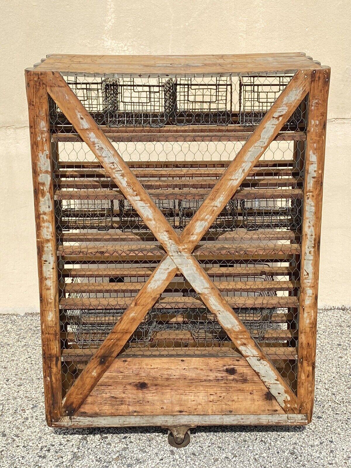 Antique American Industrial Wooden Rolling Shelf Storage Cart Distressed Gray For Sale 3