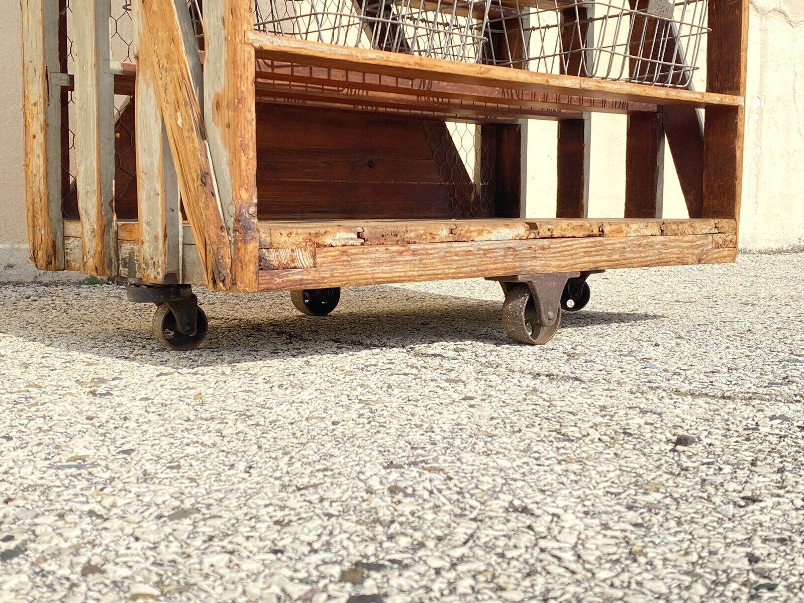Iron Antique American Industrial Wooden Rolling Shelf Storage Cart Distressed Gray For Sale