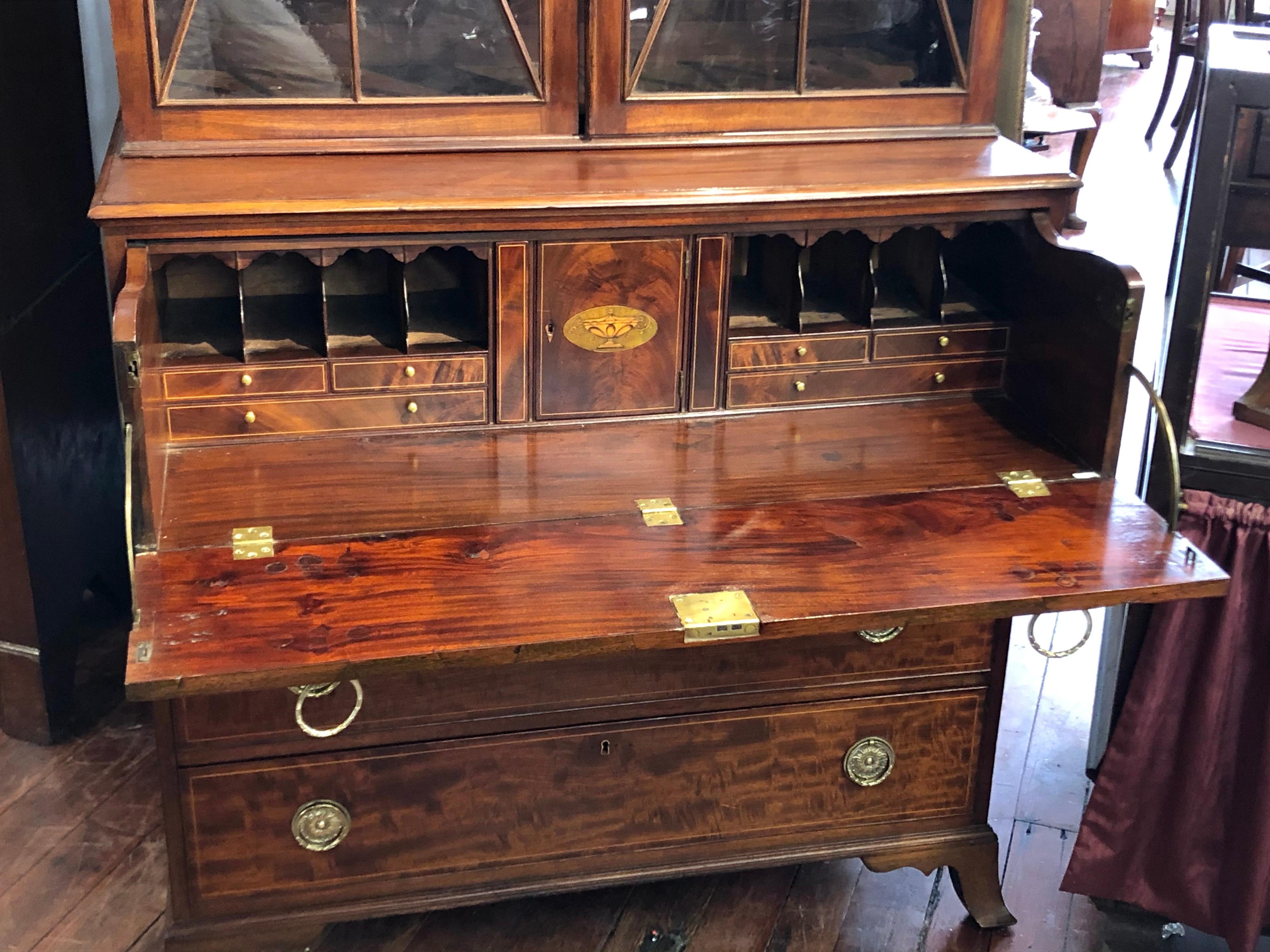 Hand-Crafted Antique American Inlaid Figured Mahogany Secretaire Bookcase w/Eli Terry Locks