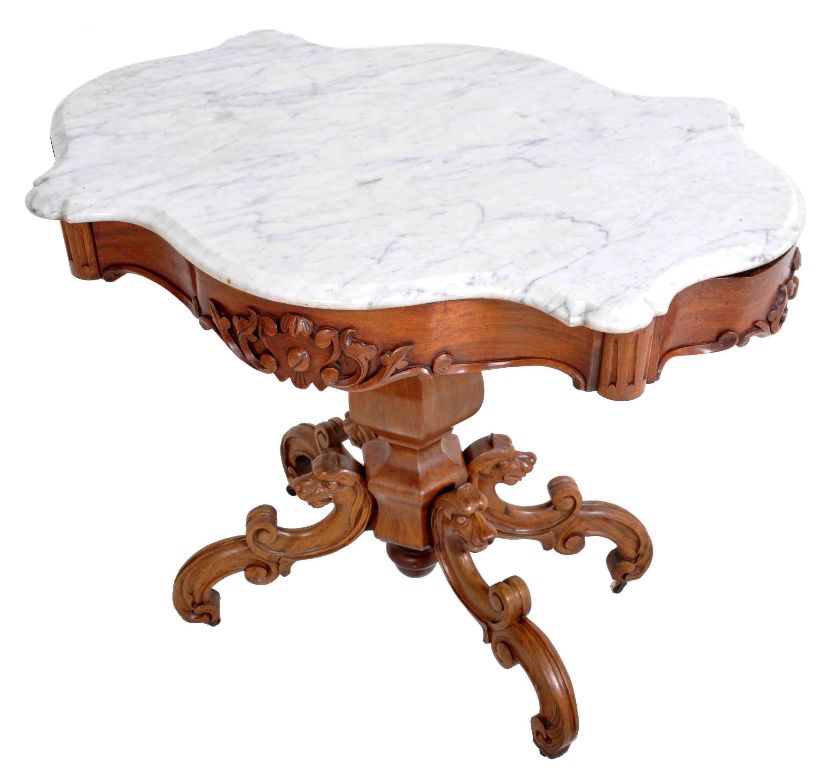 Hand-Carved Antique American J H Belter Style Victorian Walnut Marble-Top Parlor Table, 1860