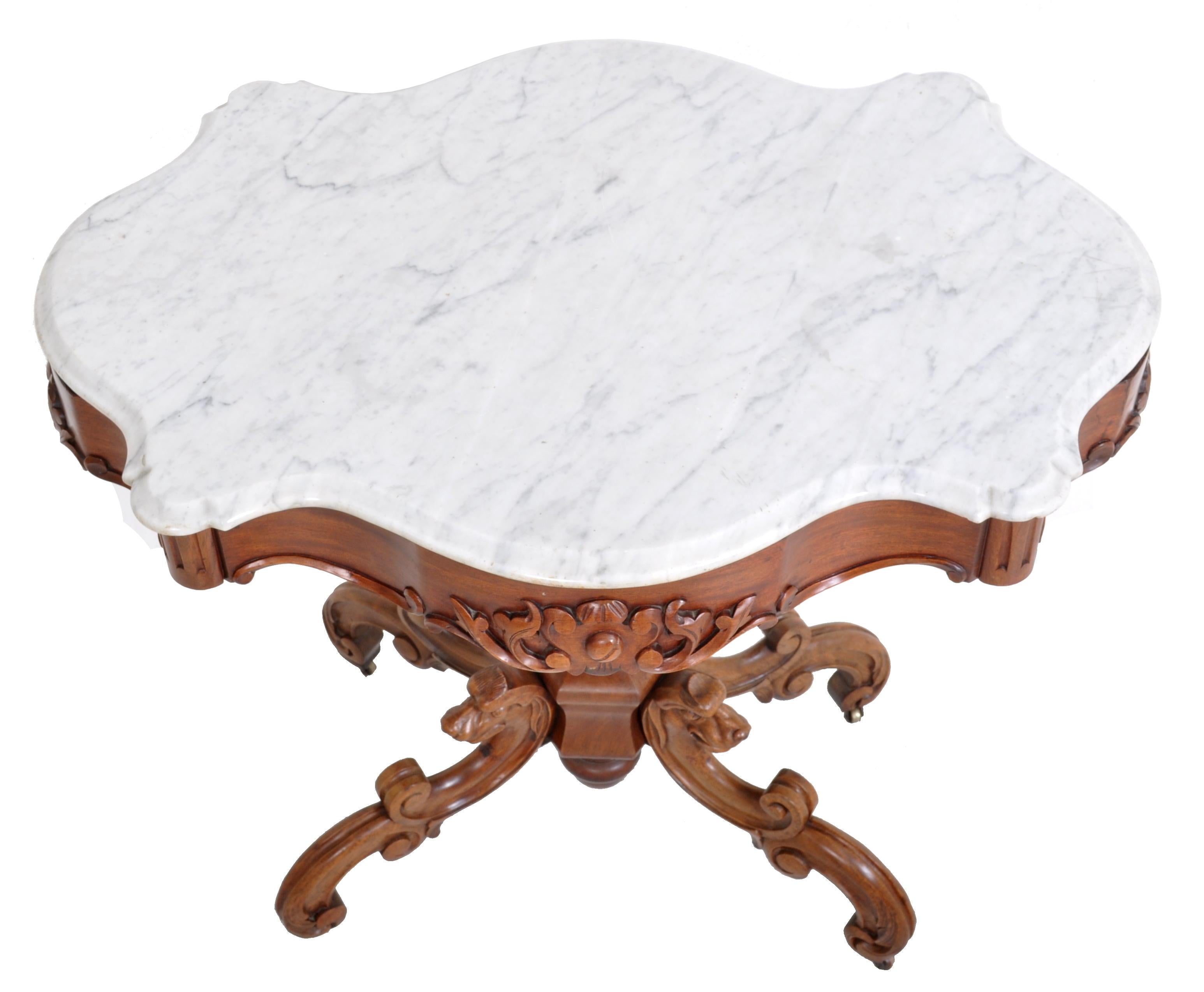 Antique American J H Belter Style Victorian Walnut Marble-Top Parlor Table, 1860 In Good Condition In Portland, OR