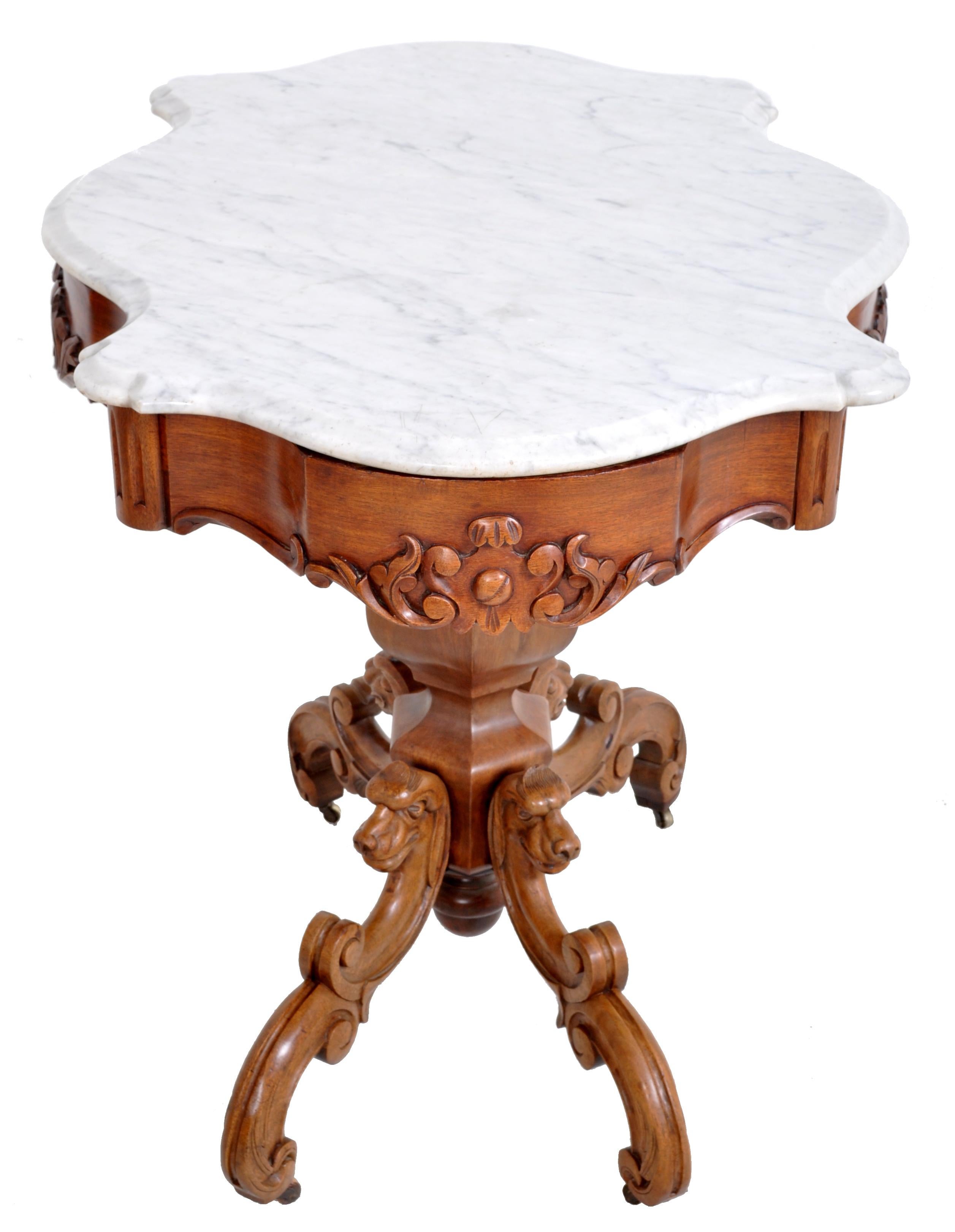 Mid-19th Century Antique American J H Belter Style Victorian Walnut Marble-Top Parlor Table, 1860