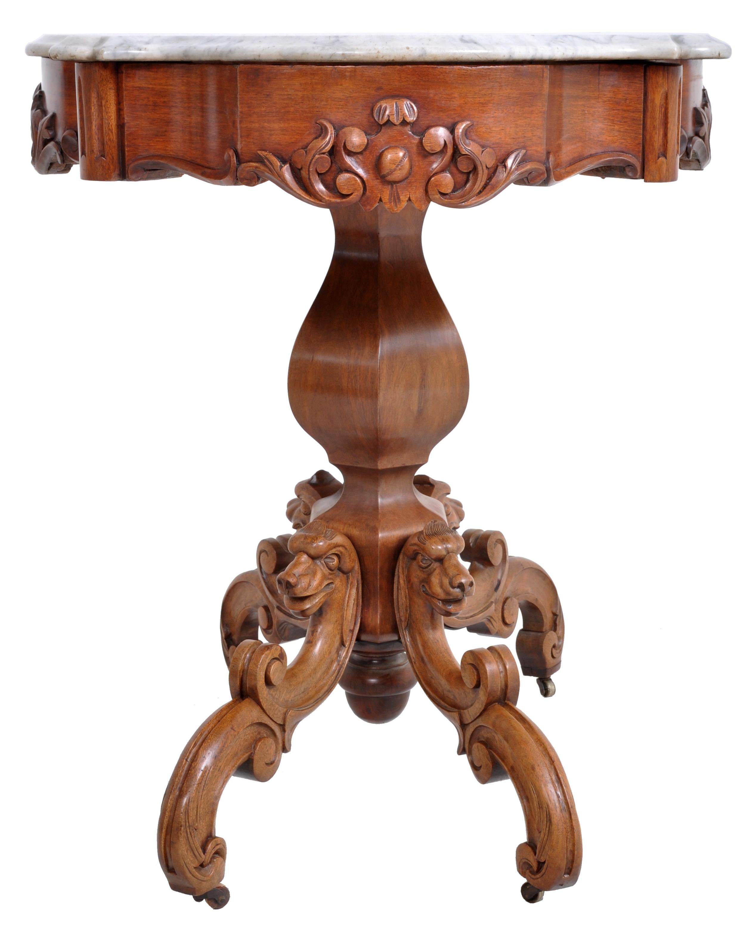 Carrara Marble Antique American J H Belter Style Victorian Walnut Marble-Top Parlor Table, 1860