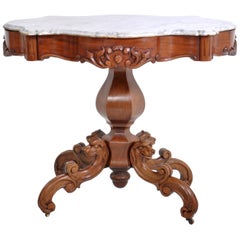 Antique American J H Belter Style Victorian Walnut Marble-Top Parlor Table, 1860
