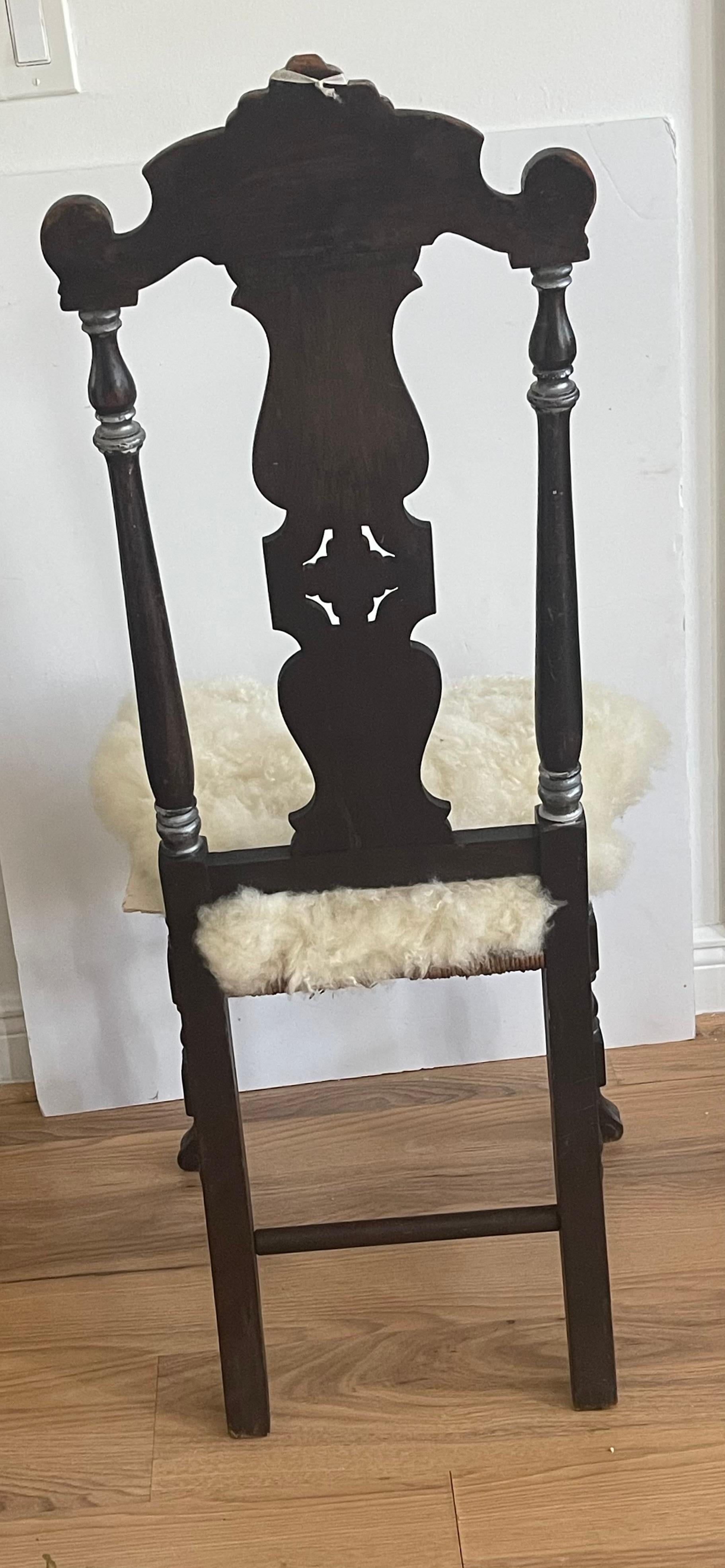 Antique American Jacobean Chair with Lambskin In Good Condition For Sale In Boca Raton, FL
