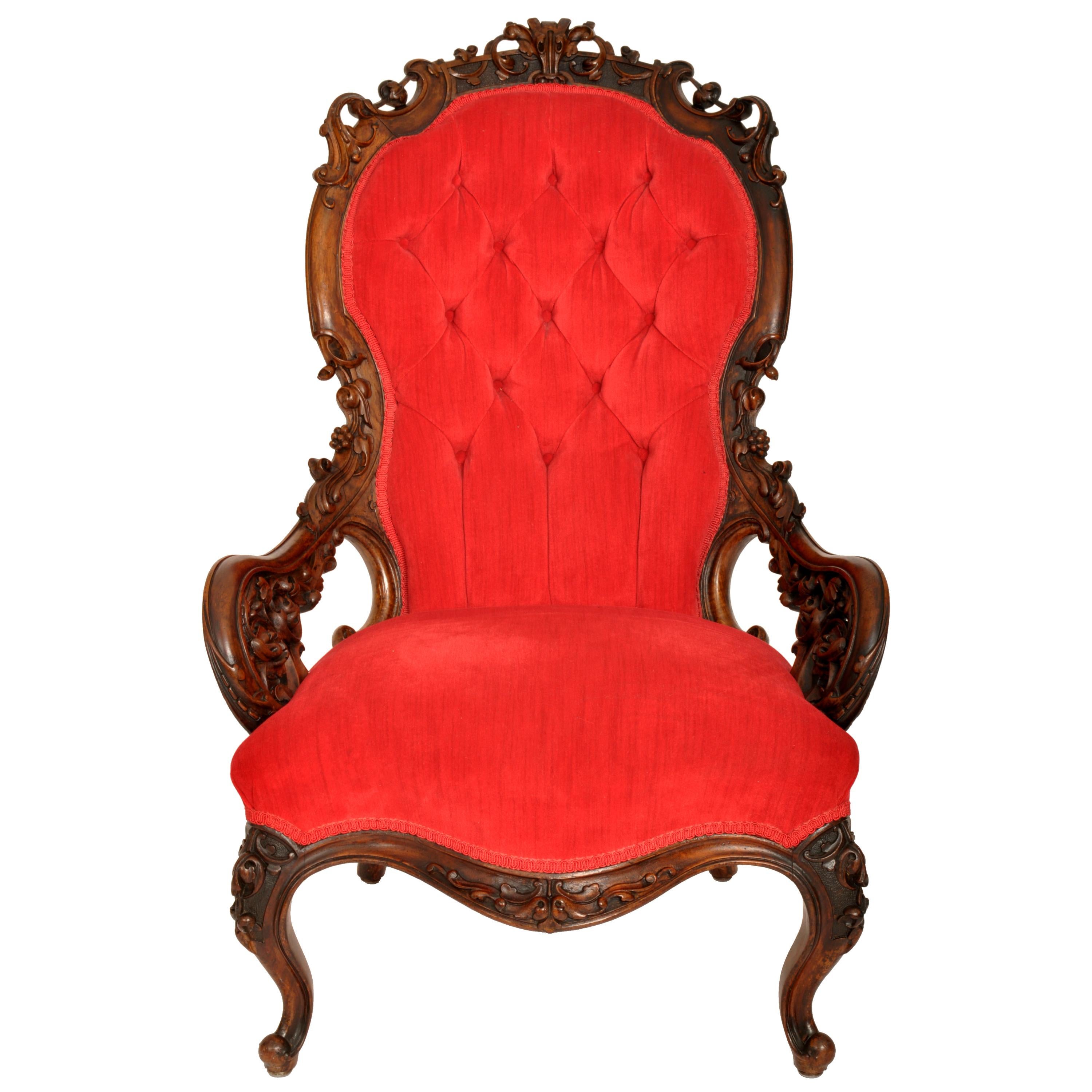 Antique American Laminated & Carved Rococco Armchair John Belter Meeks NY 1850's In Good Condition In Portland, OR