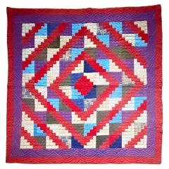 Antique American Lancester County Log Cabin Barn Raising Quilt with Boro Backing