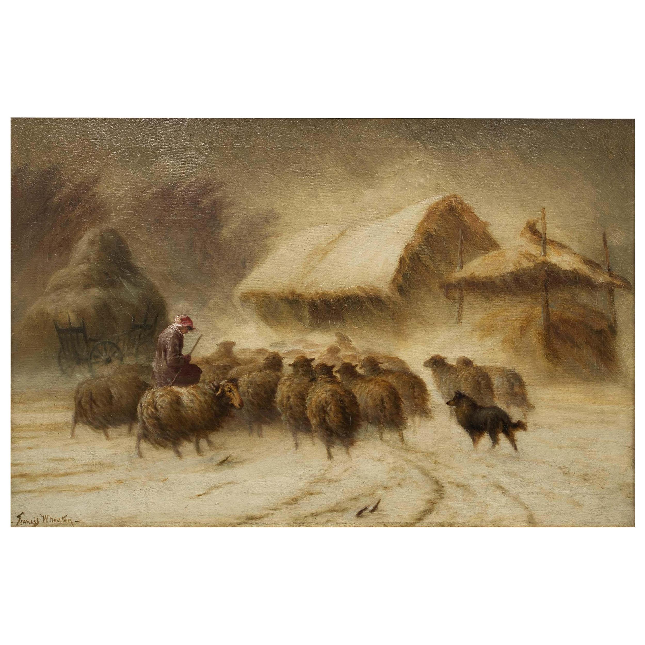 Antique American Landscape Painting "Herding Sheep in Snow" by Francis Wheaton