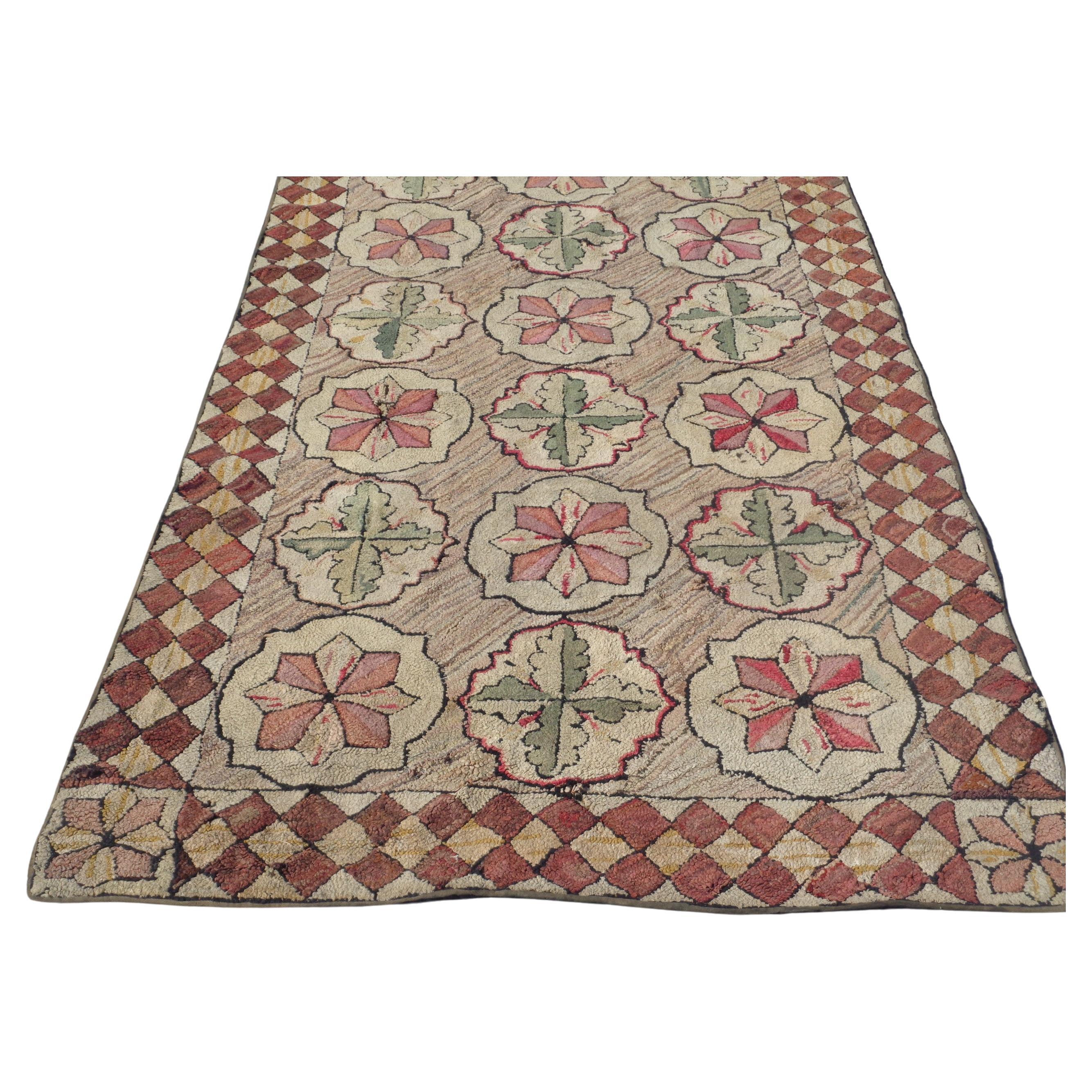 Antique American folk art hand woven wool hooked rug. Circa 1880 - 1900. Good original color / well defined design  / overall nice pile. A hard to find long runner / corridor / hallway rug. Measures 150